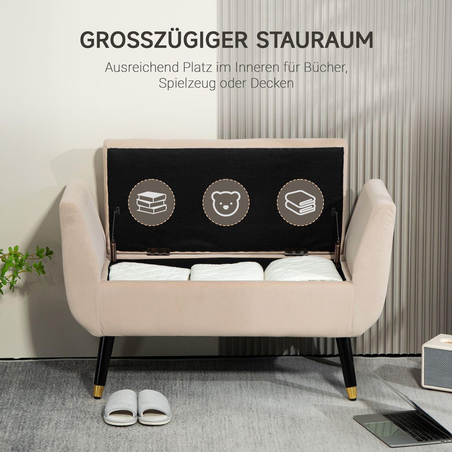 Northio Luxus Sitzbank Polsterbank mit Stauraum Armlehnen Truhenbank Samtartiges Polyester Gummiholz Beige 107 x 42 x 65 cm