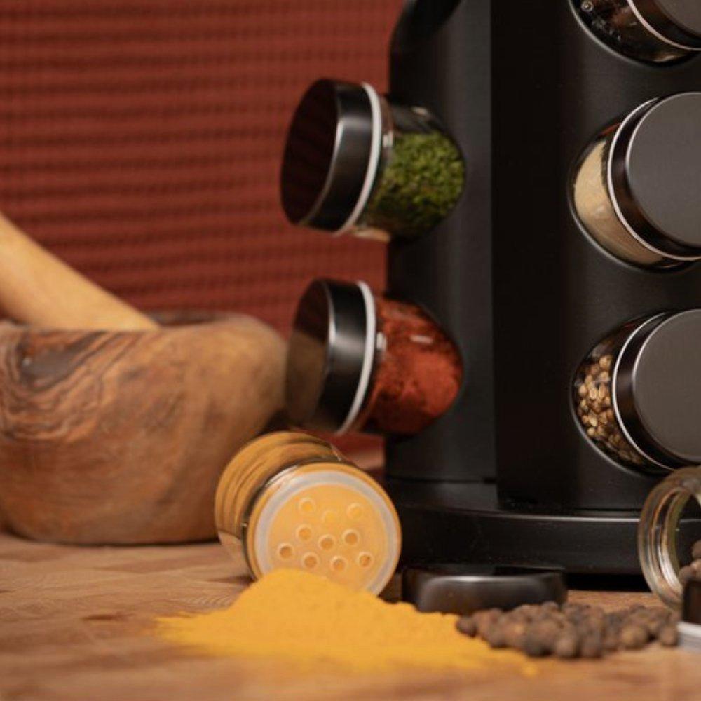 BINS AND BOXES Blackwell Gewürzregal / Gewürz-Karussell - mit 16 Gewürzdosen - Schwarz