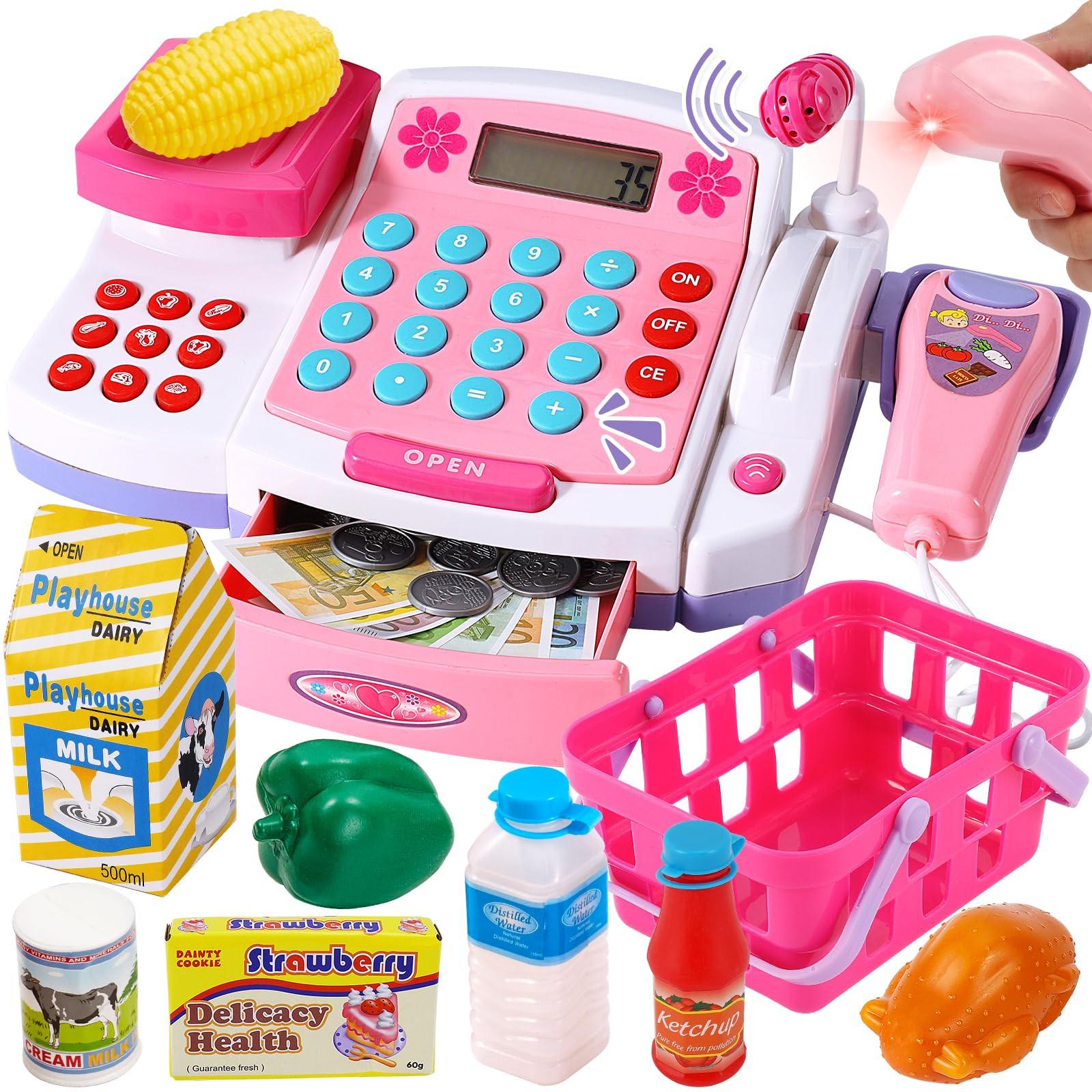 Activity-board Großes Kinder-Kassenspielzeug mit Scanner, Waage, Lautsprechermikrofon, Taschenrechner, Spielkasse mit Licht und Sound, Laden-Zubehör