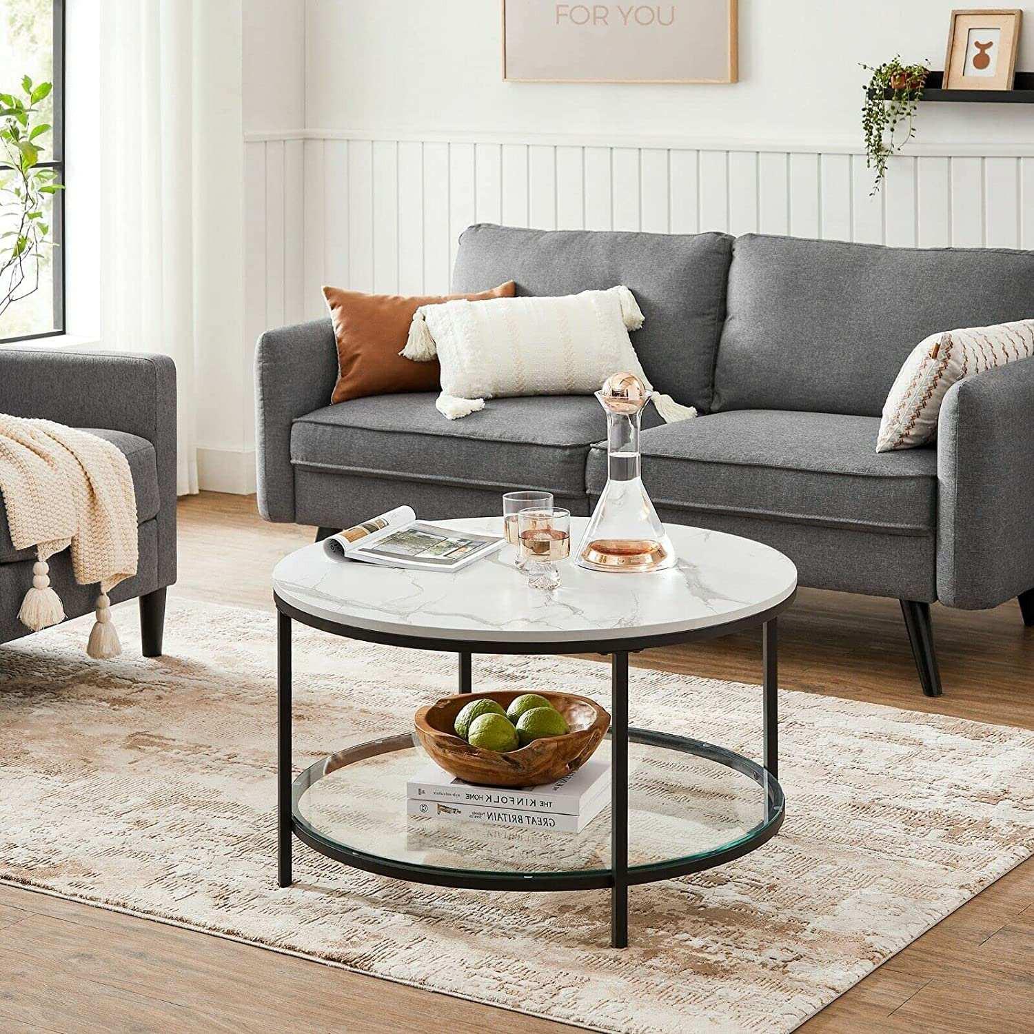 Pricenet Moderner Marmor-Couchtisch mit Glasablage und Stahlbeinen