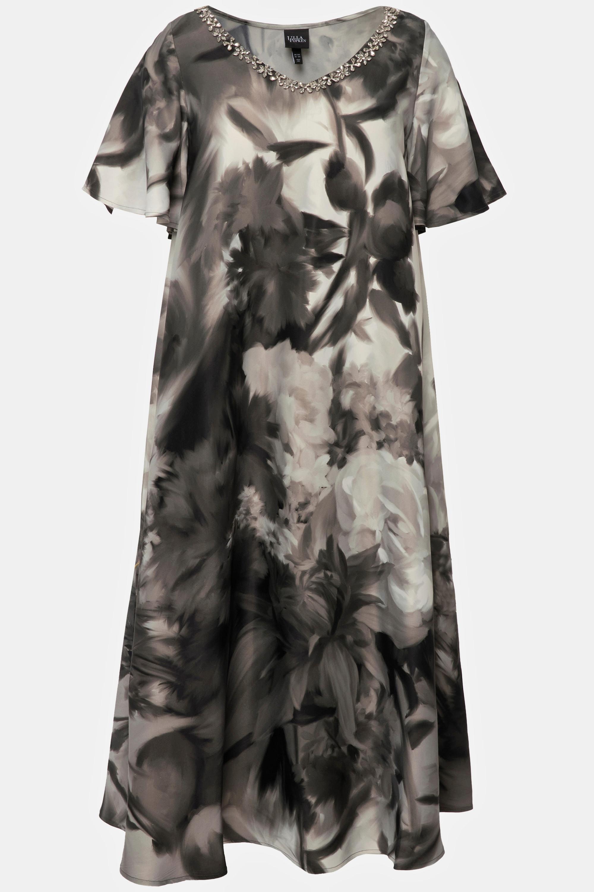 Ulla Popken Midikleid Blüten Ziersteine V-Ausschnitt Halbarm