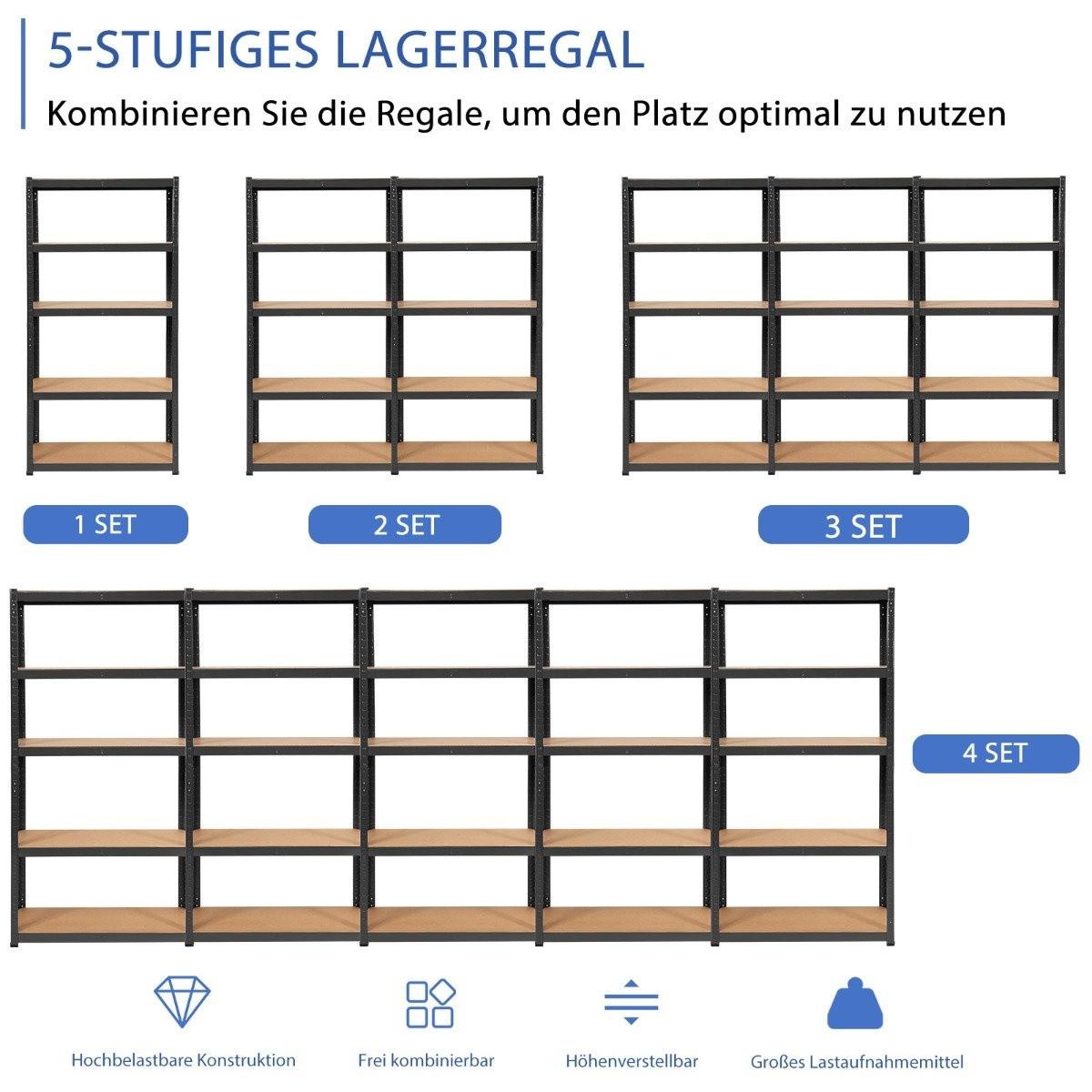 Northix 5 Ebenen Lagerregal mit Metallrahmen Metallregal bis 650kg Belastbar 75 x 30 x 150 cm Schwarz