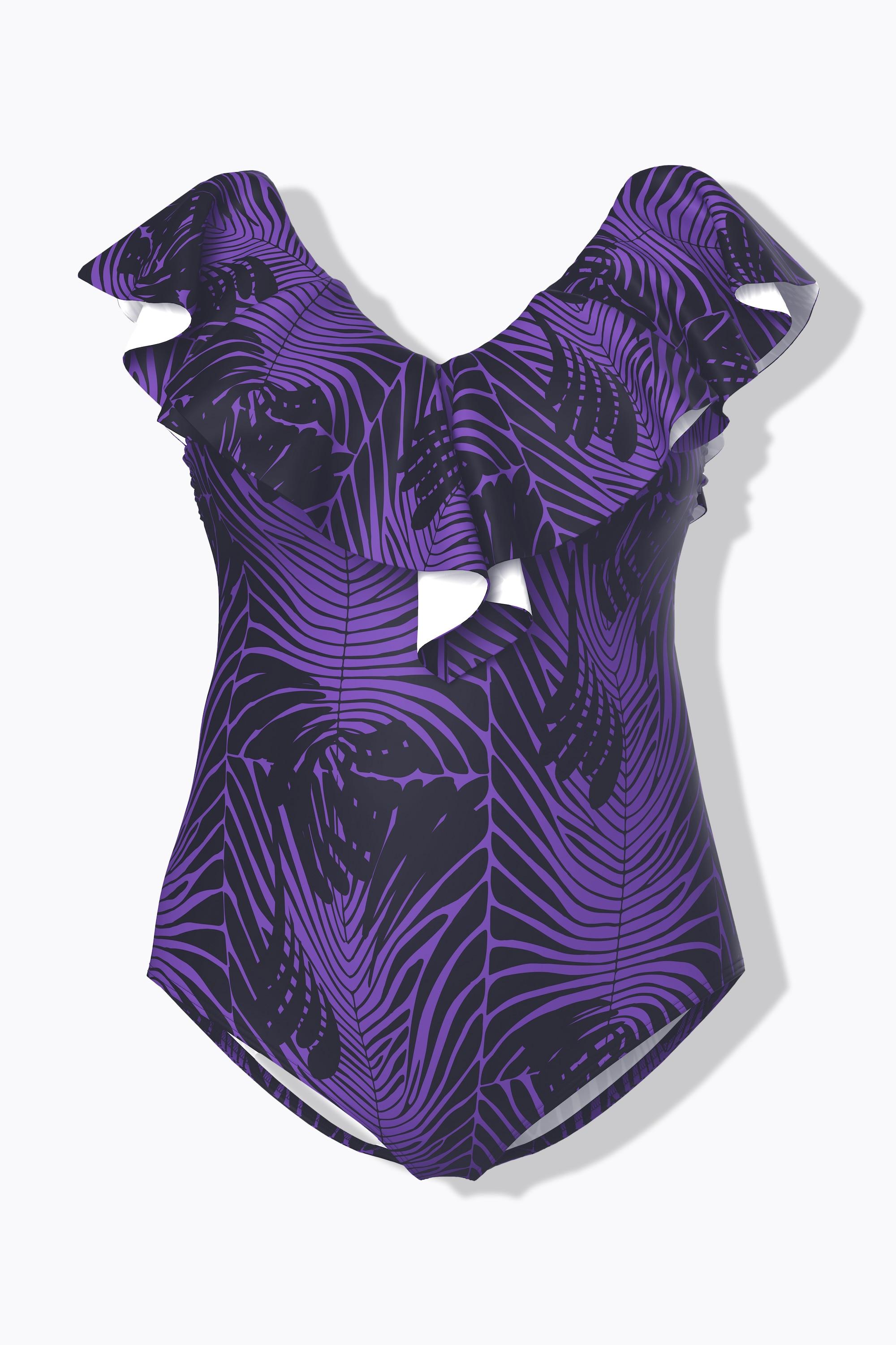 Ulla Popken Badeanzug, Schlangenmuster, Softcups, Volant, recycelt