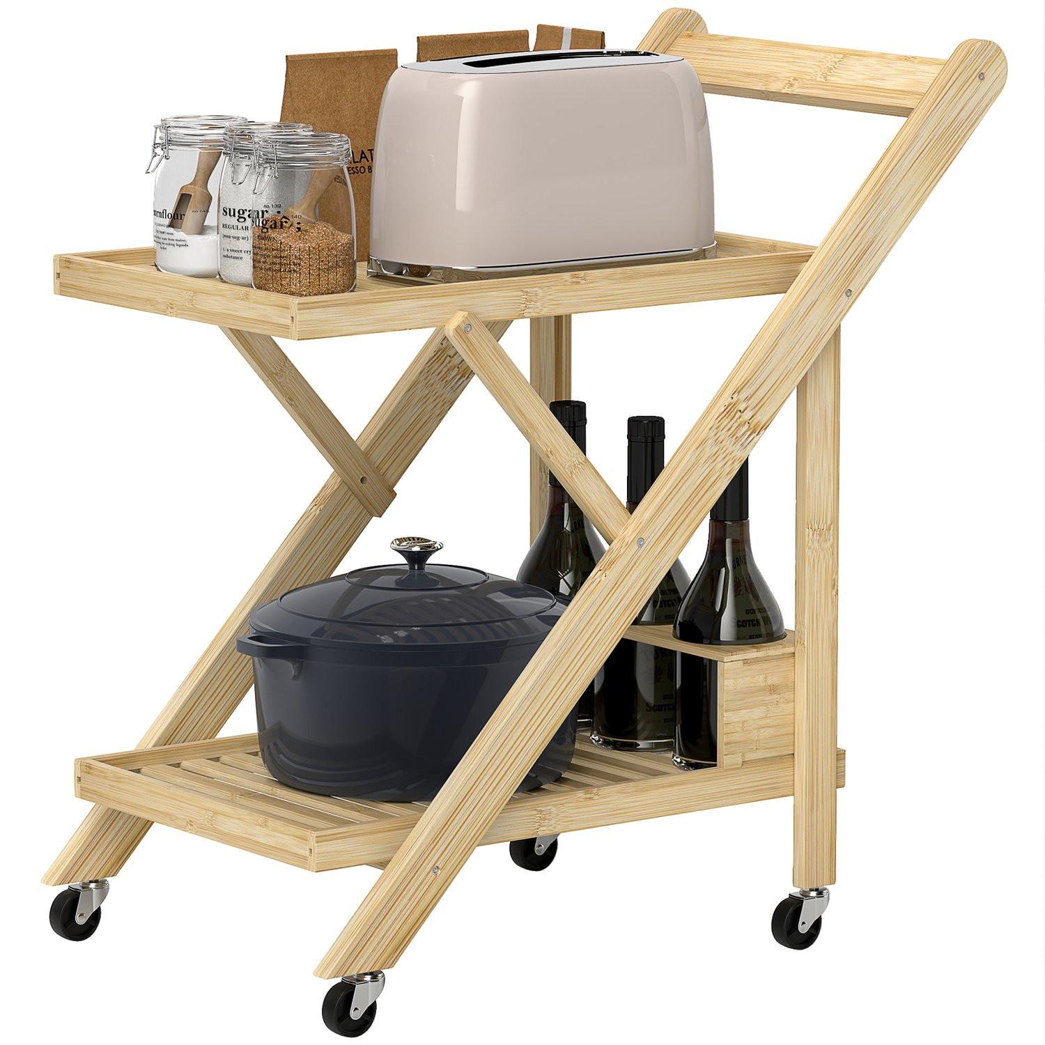 Northio Küchenwagen Servierwagen mit Weinregal, Arbeitsplatte, 2 Ebenen, Rollwagen für Büro, Küche, Wohnzimmer, 66 x 40 x 70 cm, Bambus, Natur Aosom
