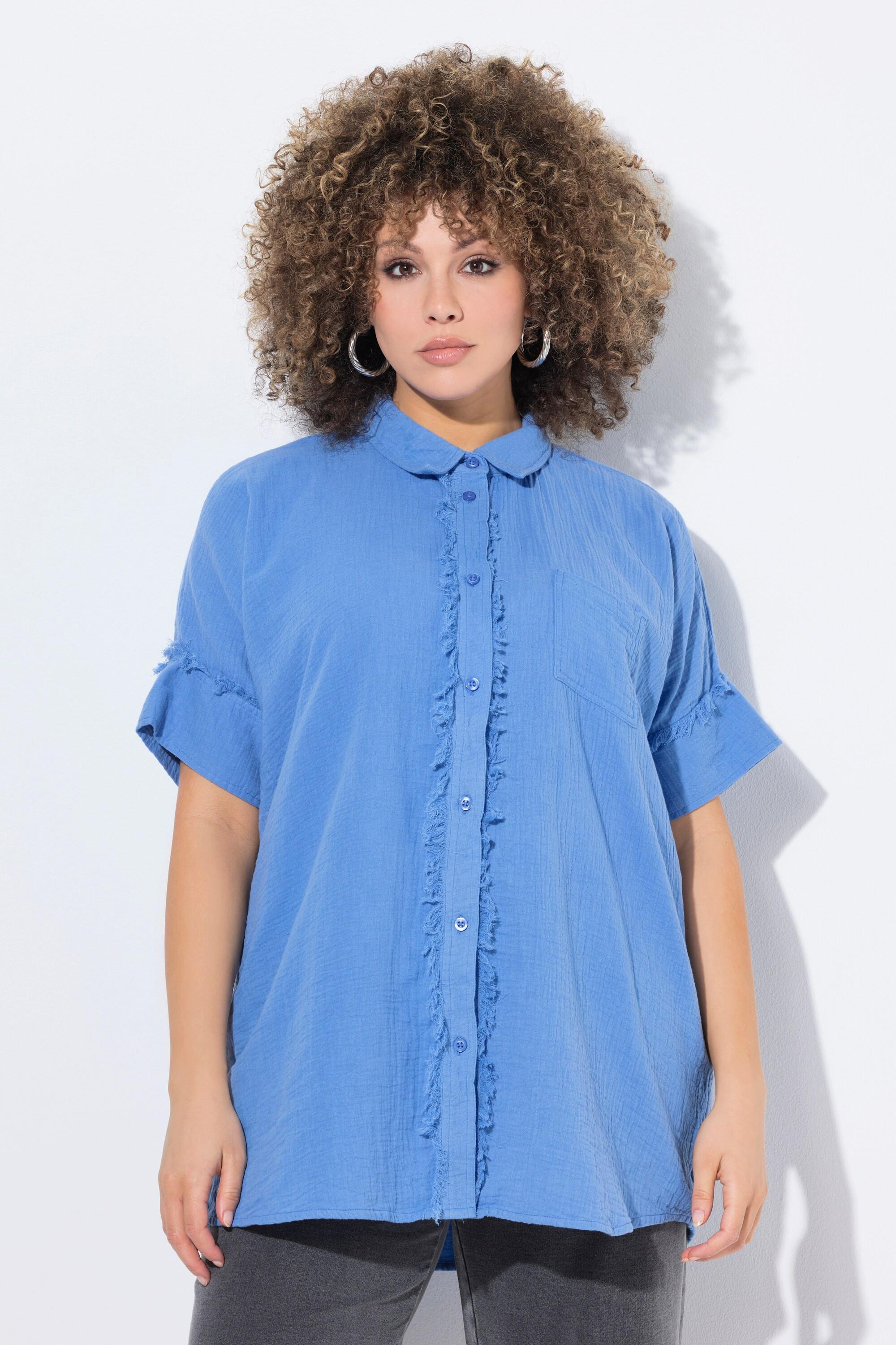 Ulla Popken Musselin-Bluse, Oversized, Fransen, Hemdkragen, Halbarm