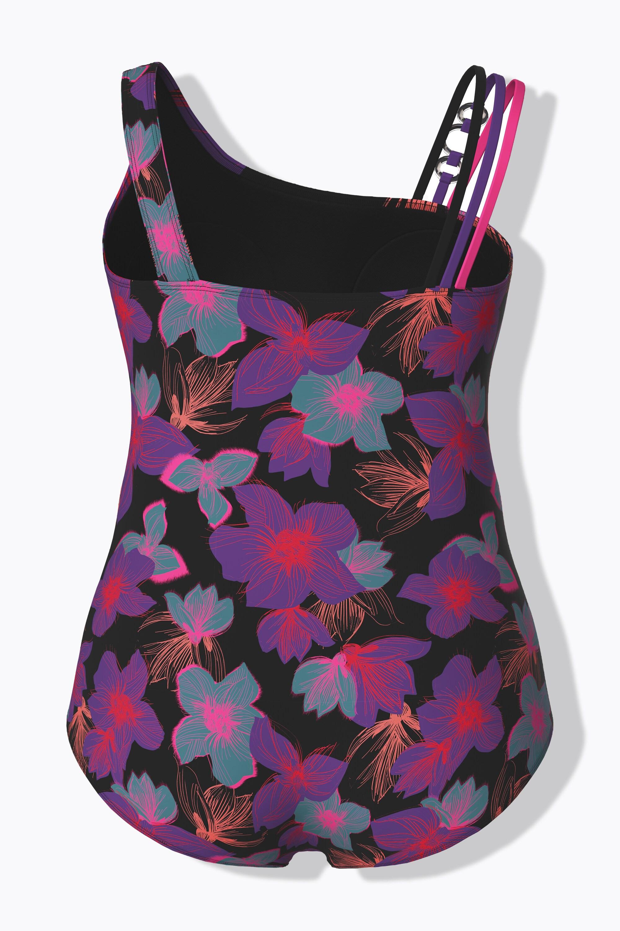 Ulla Popken Badeanzug, Blüten, Softcups, Zierring, recycelt