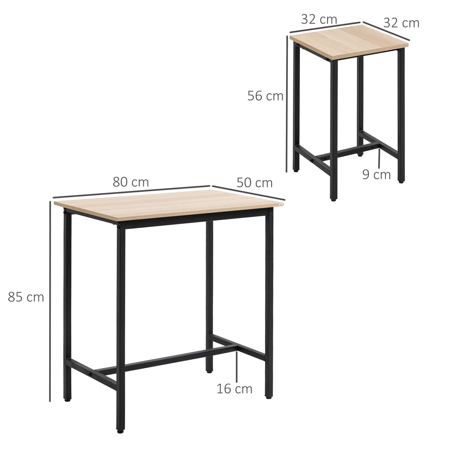 Northio 3-Teilige Essgruppe Esstisch Set Für Balkon & Garten, Spanplatte & Stahlrahmen, Naturholz-Look & Schwarz, 80X50X85Cm