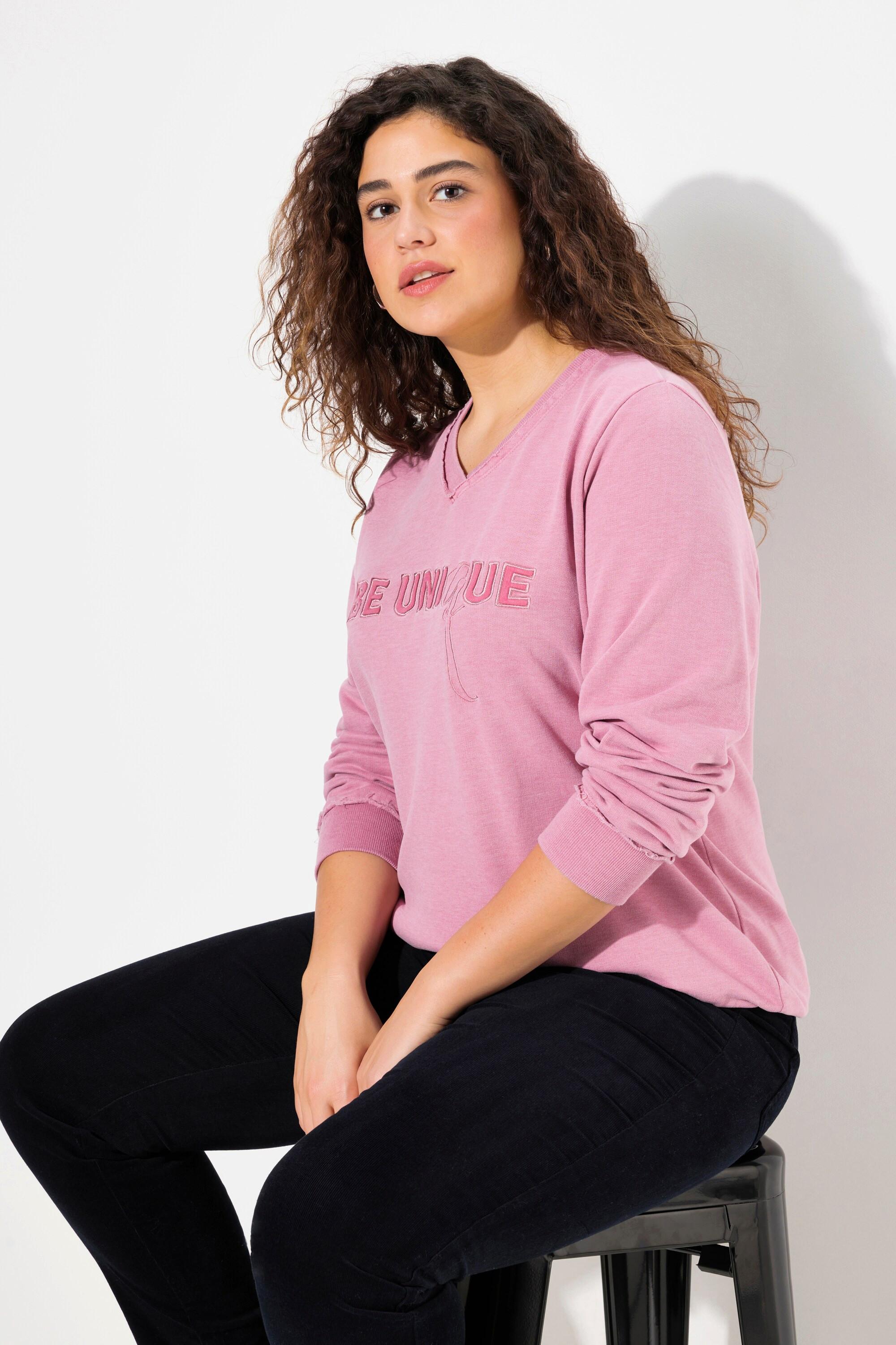 Ulla Popken Sweat-Pullover, Schriftzug, V-Ausschnitt, Langarm
