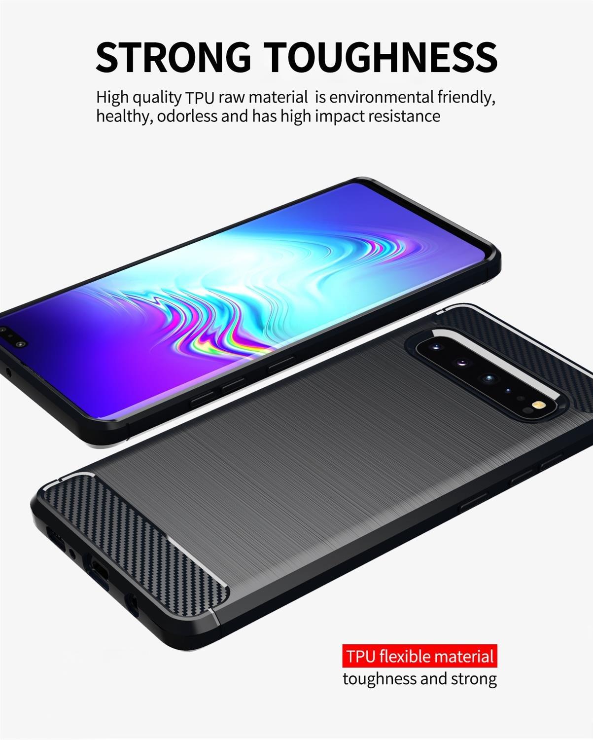 Cadorabo Hülle für Samsung Galaxy S10 5G TPU Silikon Edelstahl-Karbonfaser Optik
