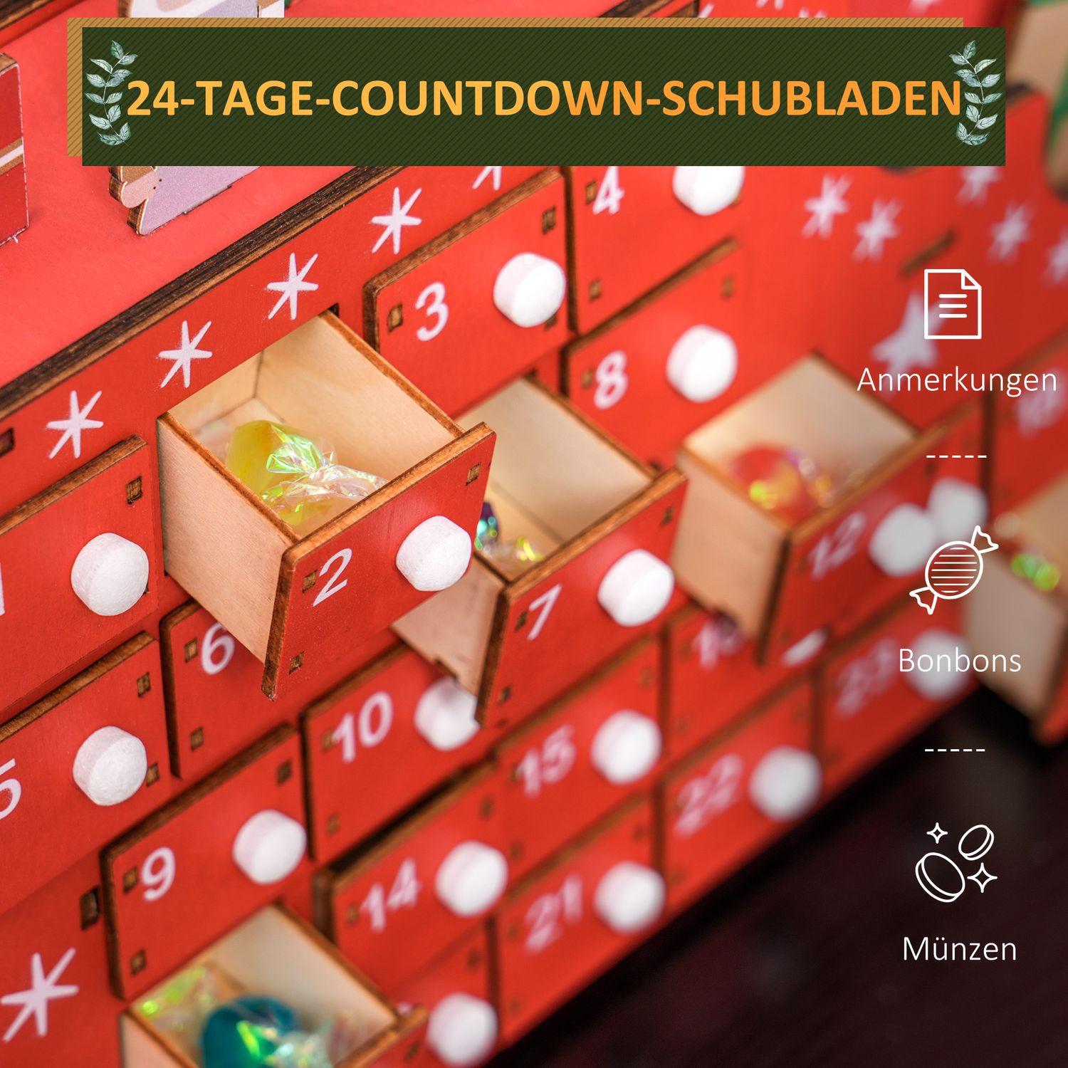 Northio Adventskalender zum Befüllen 24 Schubladen Fächer Weihnachtskalender Adventskalenderbox Weihnachtsdekoration DIY MDF-Platte Rot 22,5 x 8 x 36 cm
