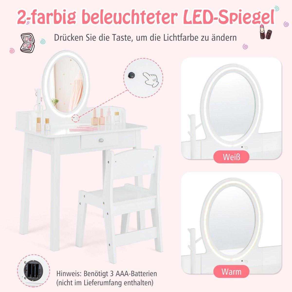 Northix Schminktisch für Kinder mit beleuchtetem Spiegel Make-up-Tisch mit Stuhl Weiß