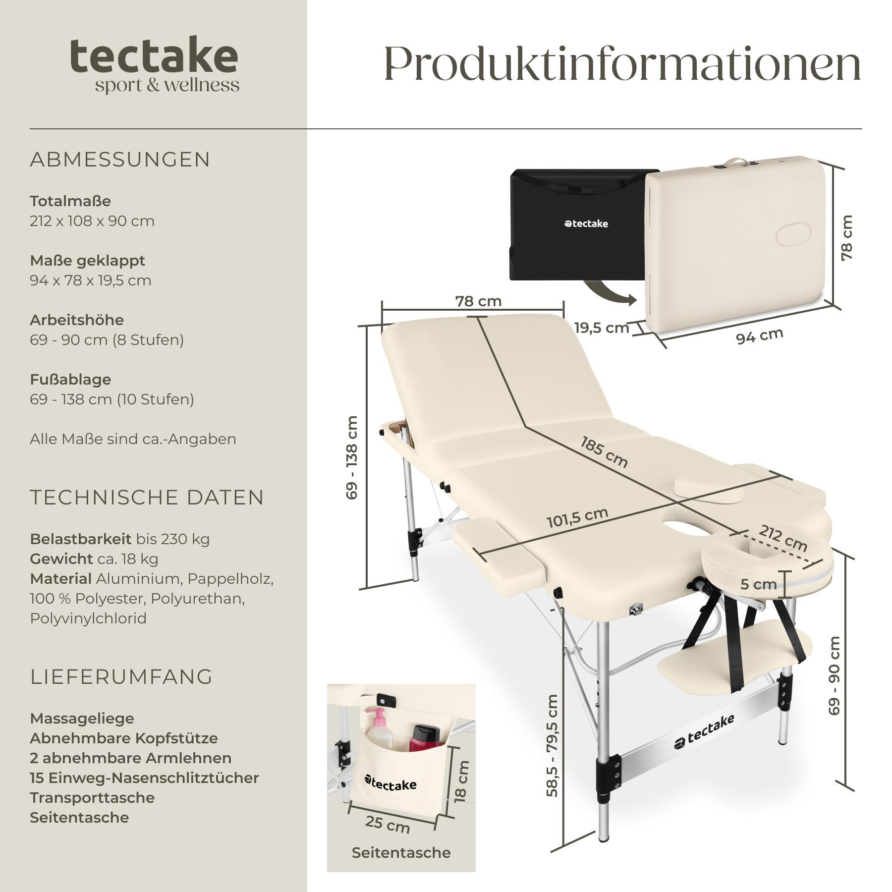 Tectake 3 Zonen Massageliege Ko Tao, Tragetasche, Aluminiumgestell