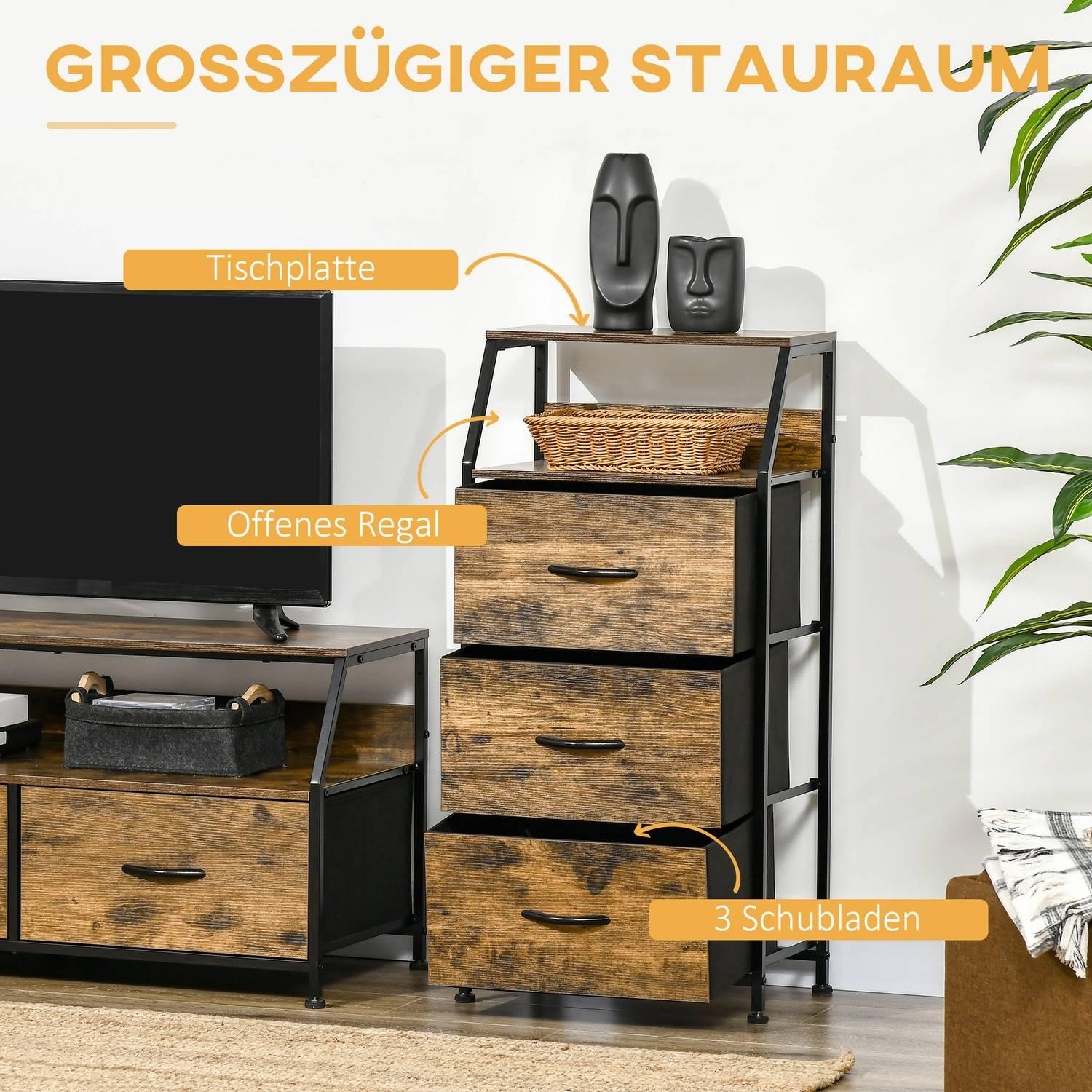 Northio Kommode aus Stoff Aufbewahrungsschrank mit 3 Schubladen, Ablage Kommodenschrank mit Stahlgestell Schrank für Schlafzimmer, Wohnzimmer Rustikal-Braun Aosom