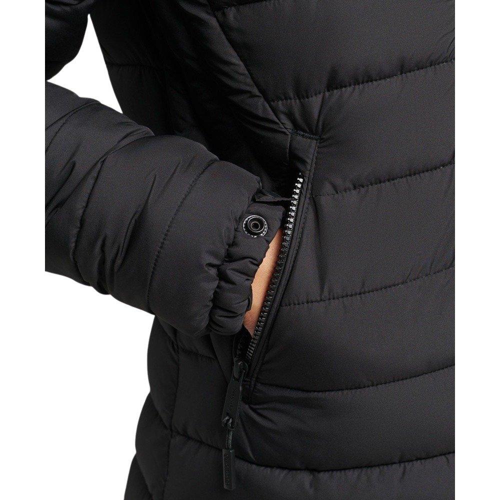 Superdry lange, leichte daunenjacke mit kapuze und kunstpelz, damen