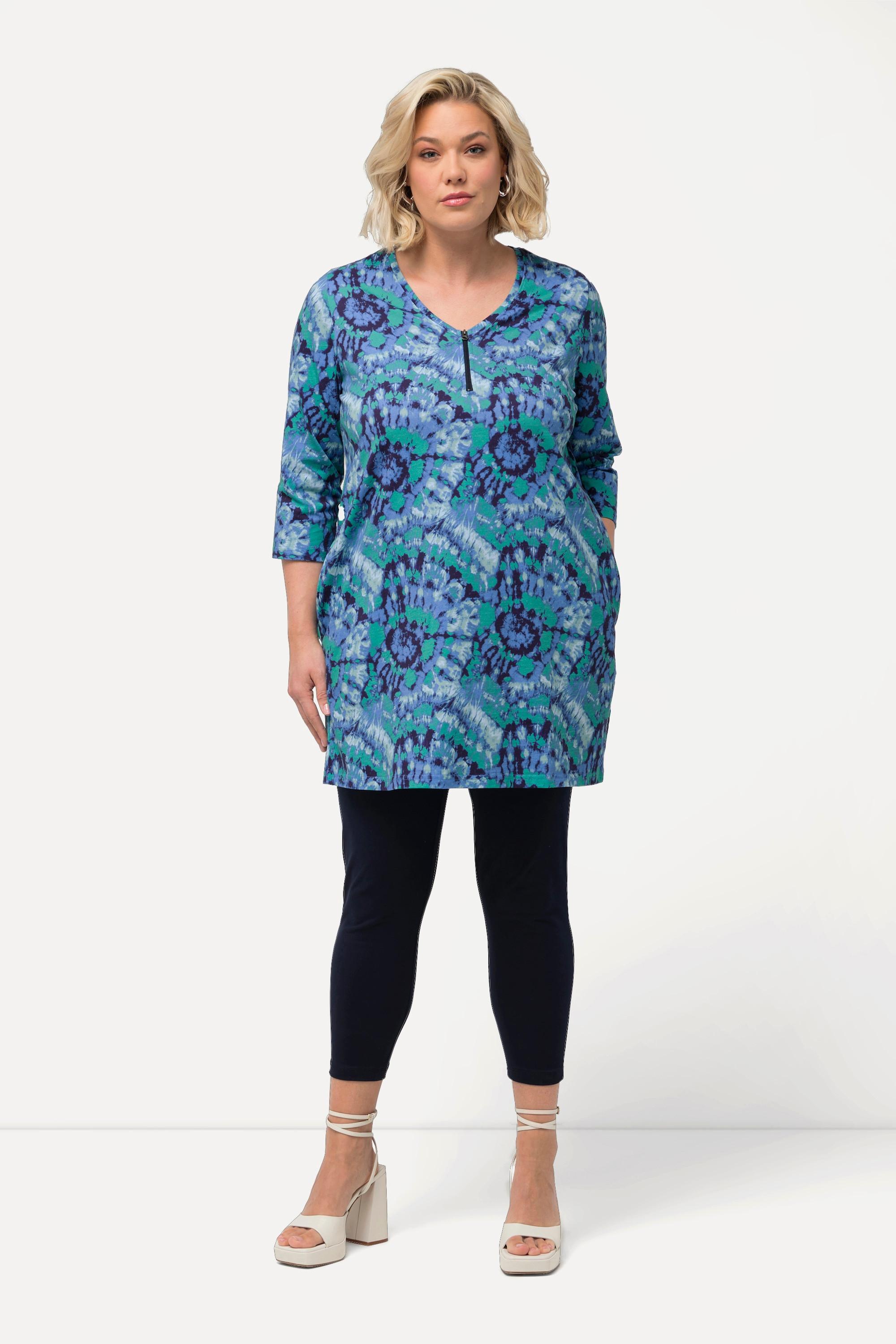 Ulla Popken Longshirt Batikmuster Zipper V-Ausschnitt 3/4-Arm