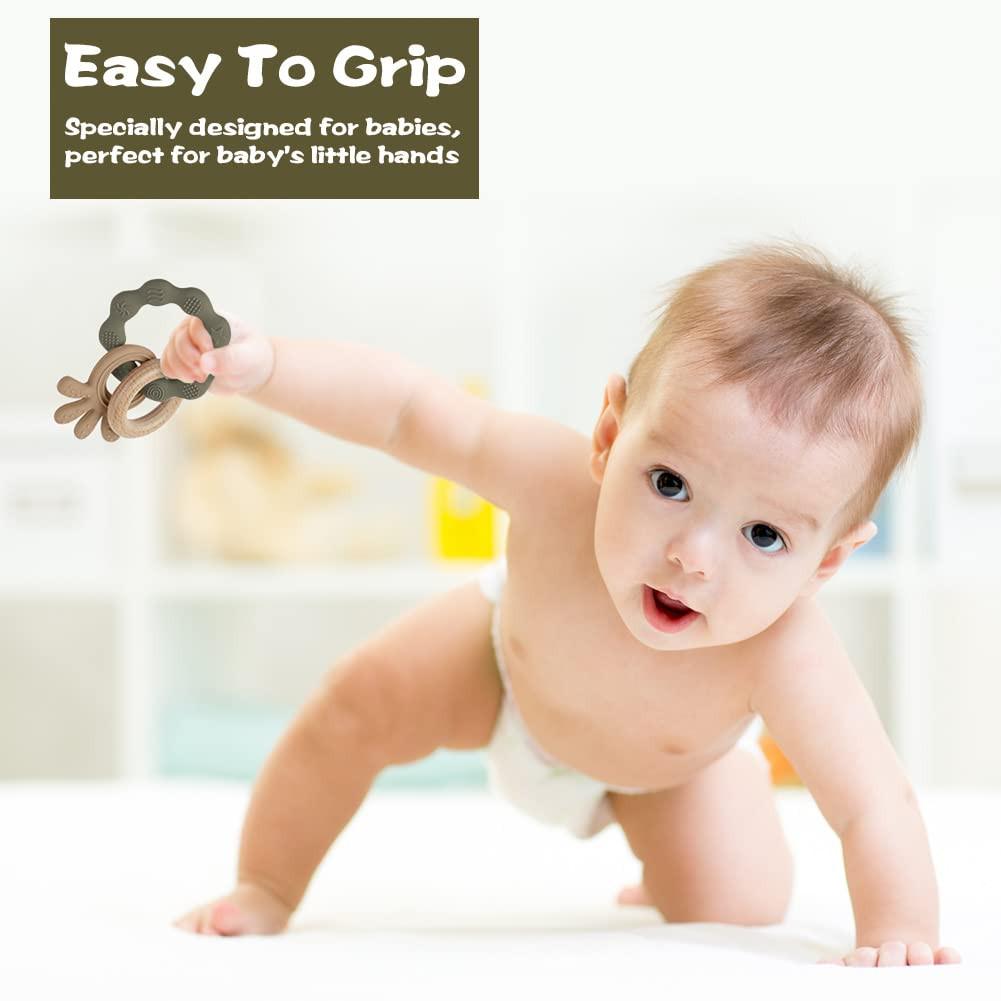 Activity-board Beißring für Babys, Beißring-Spielzeug aus Silikon und Holzringen, Baby-Beißhilfe BPA-frei, schmerzlinderndes Beißzubehör