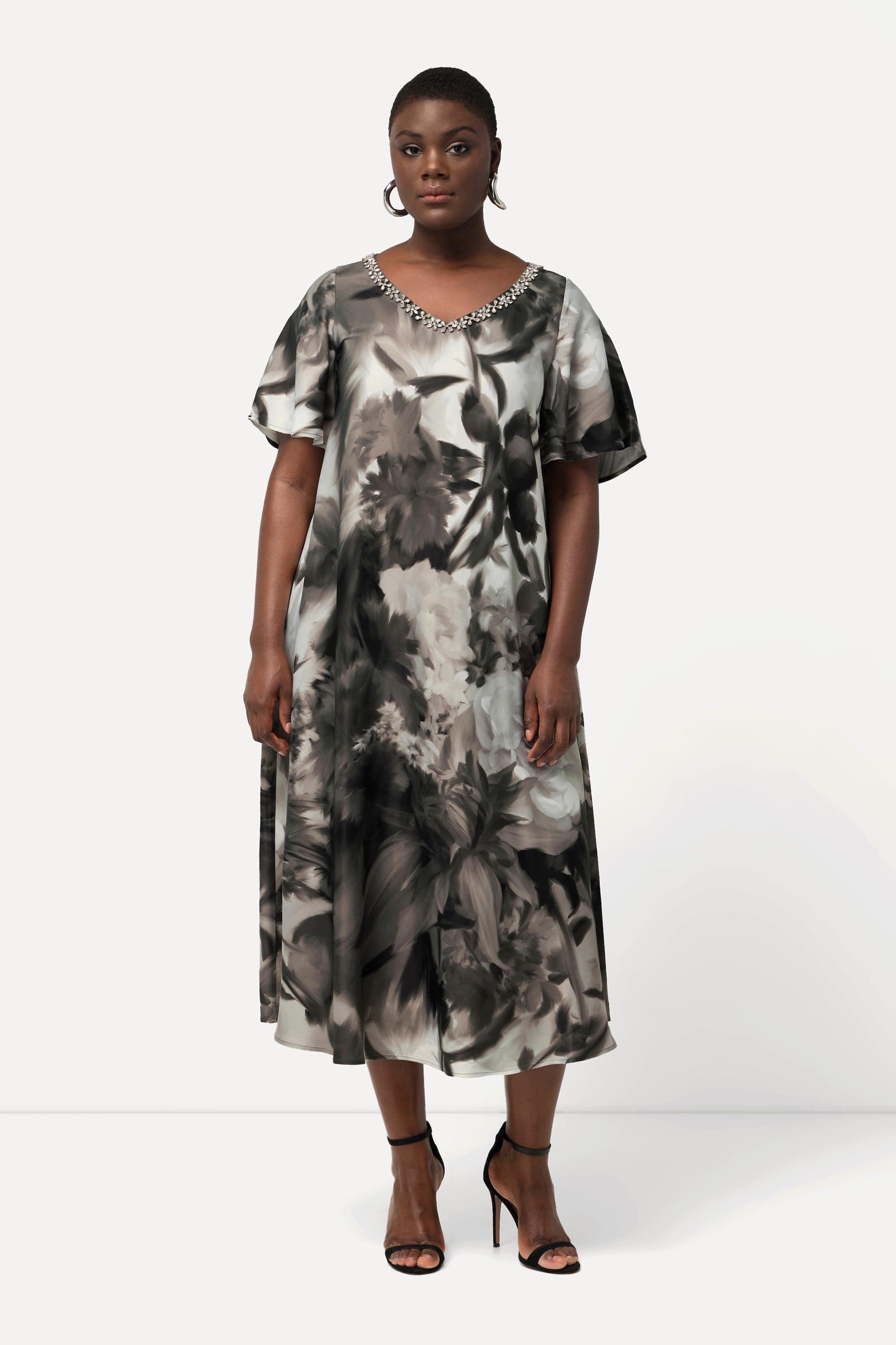 Ulla Popken Midikleid Blüten Ziersteine V-Ausschnitt Halbarm