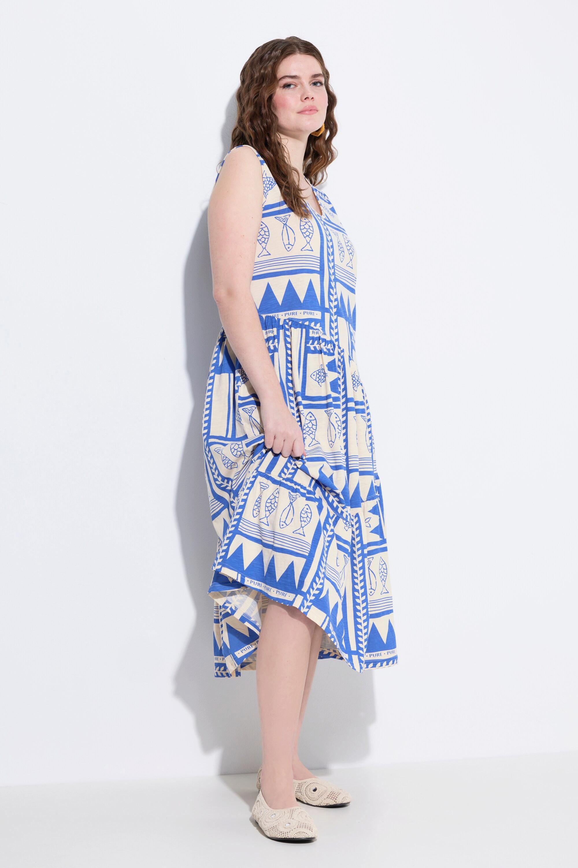 Ulla Popken Midi Jersey Fisch Print Ärmelloses V-Ausschnitt Kleid