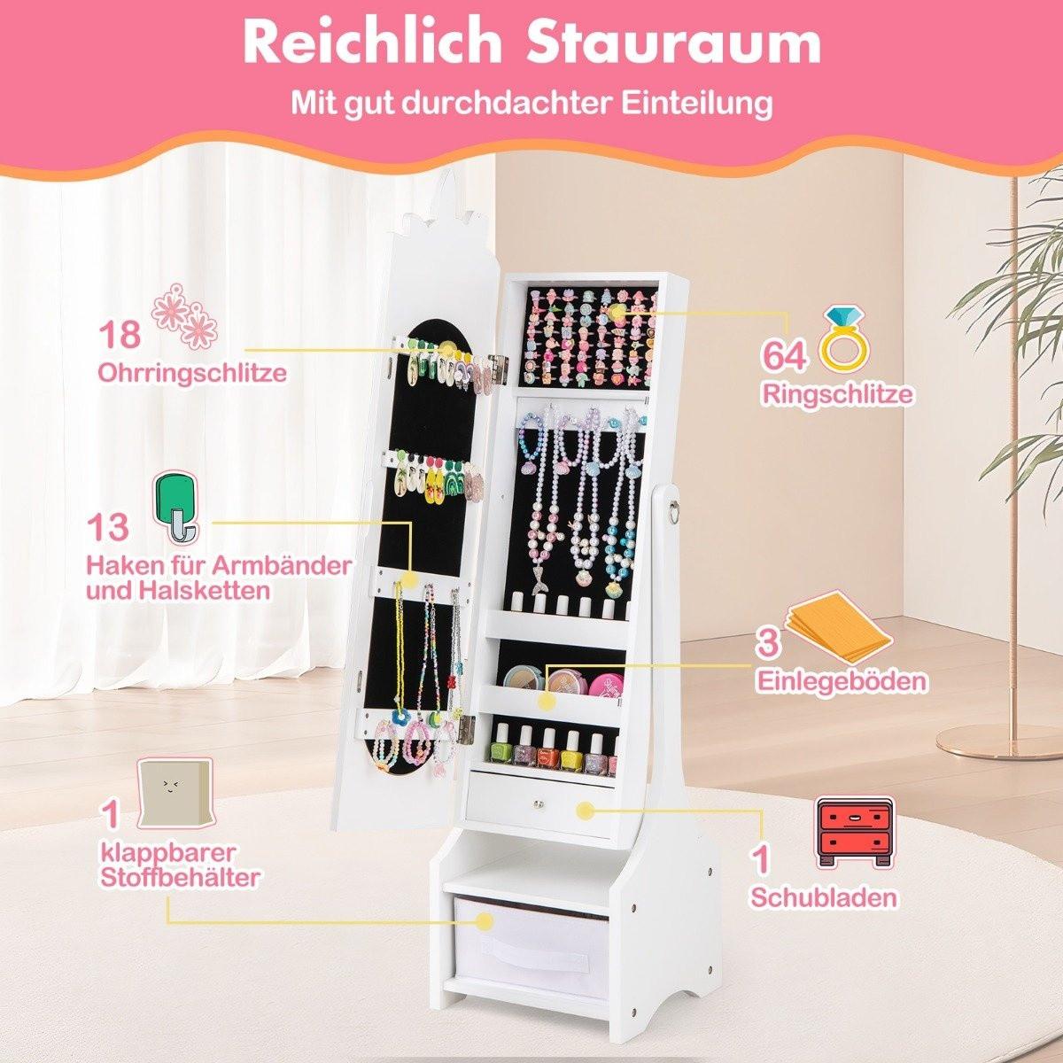 Northix Kinder Schmuckschrank 2 in 1 Spiegelschrank neigbar mit Ganzkörperspiegel Weiß