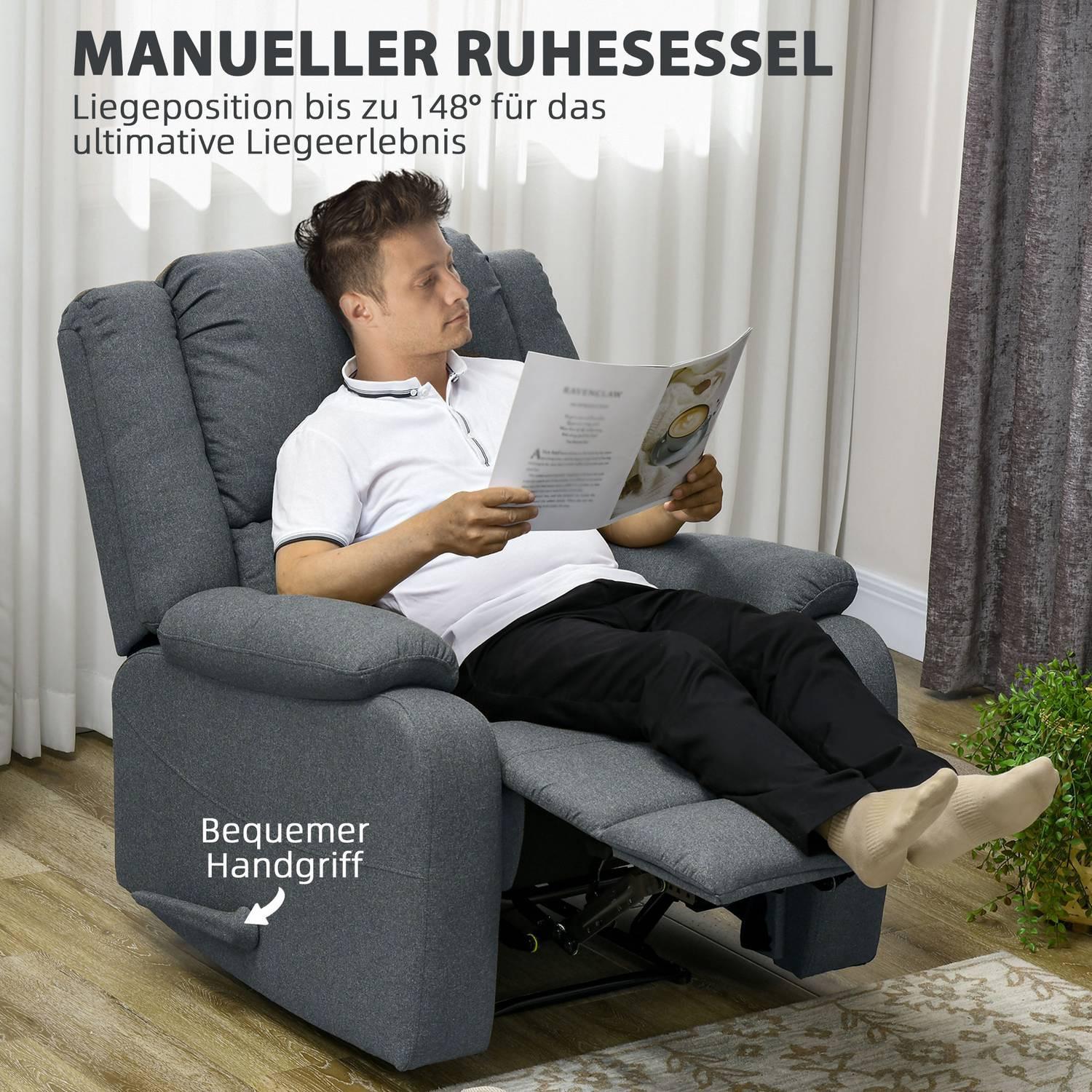 Northio Relaxsessel Manuell, bis 150 kg belastbar, Fernsehsessel mit Liegefunktion, Leinenoptik, TV-Sessel mit Seitengriff, Fußstütze