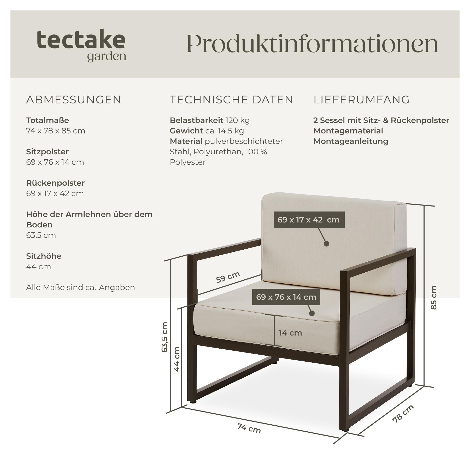 Tectake Garten-Loungesessel Dicke des Sitzpolsters 14 cm wasserabweisende, abnehmbare Polyesterbezüge