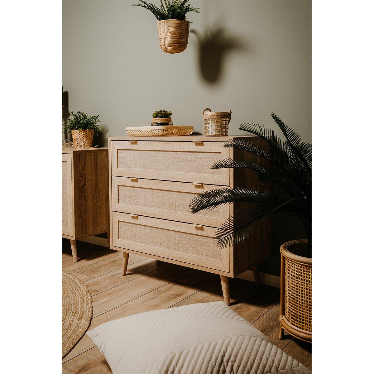 Calicosy Kommode mit 3 Schubladen L80 cm - Rattan-Druck - Bali