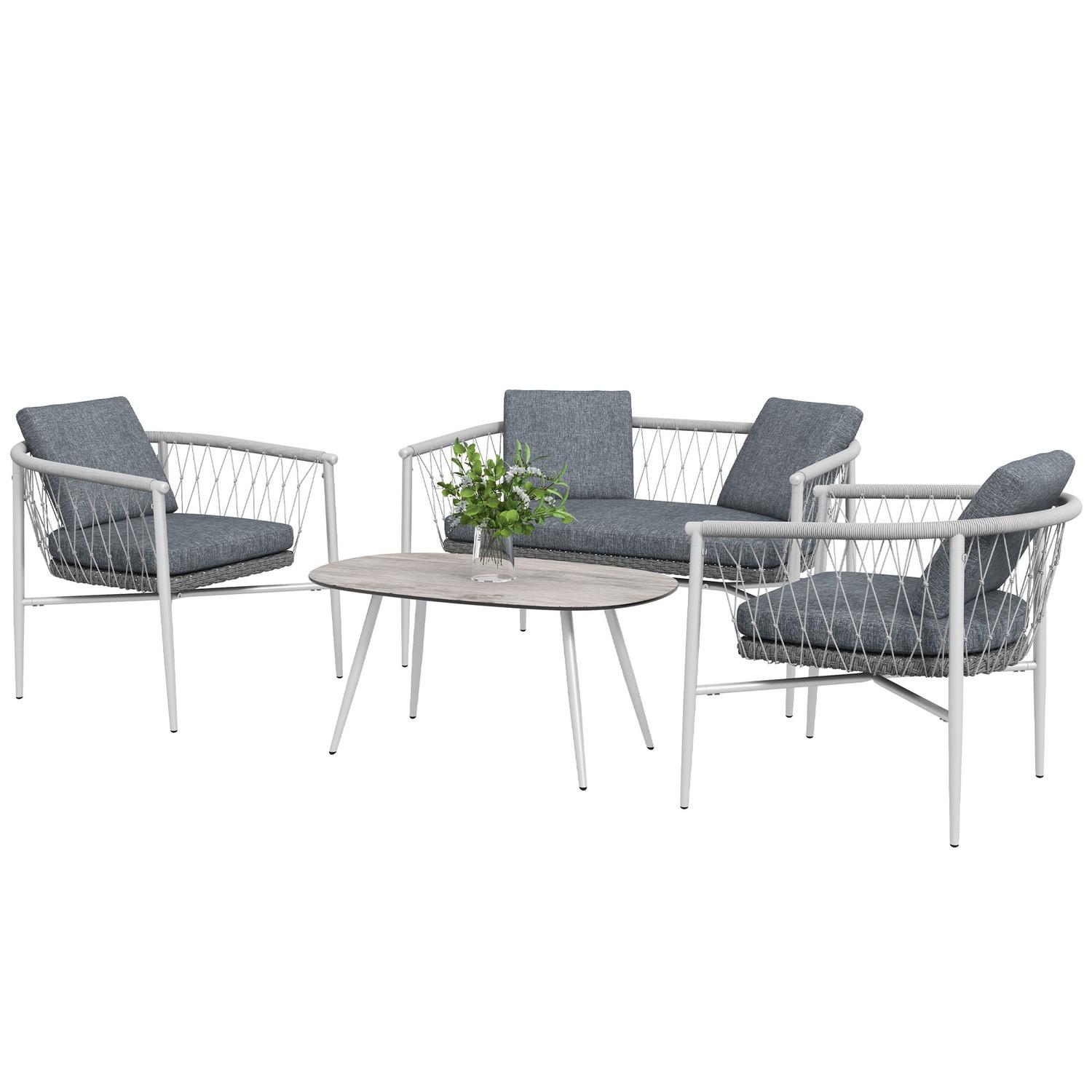 Northio 4 Tlg. Rattan Gartenmöbel-Set, Sitzgruppe Mit Schaukelfunktion, Gartengarnitur Mit 1 Couchtisch, 2 Sesseln, 1 Doppelsofa, Kissen, Stahl,Grau