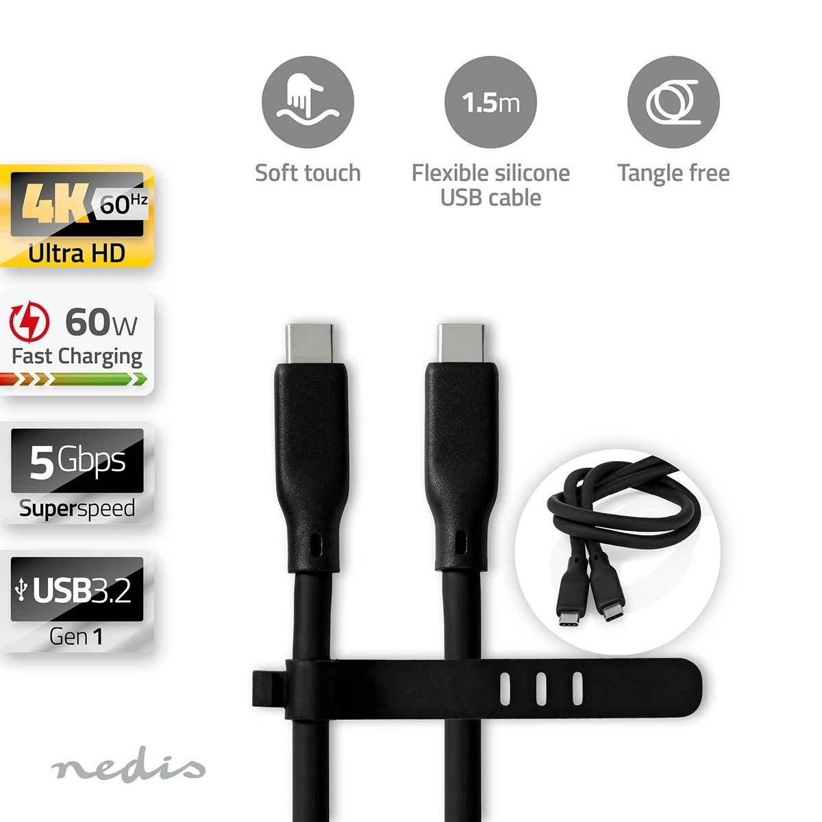 Nedis USB-Kabel | USB 3.2 Gen 1 | USB-C™ Male | USB-C™ Male | 60W | 8K@30Hz | 5Gbps | Vernickelt | 1,50m | Rund | Silikon | Schwarz | Box