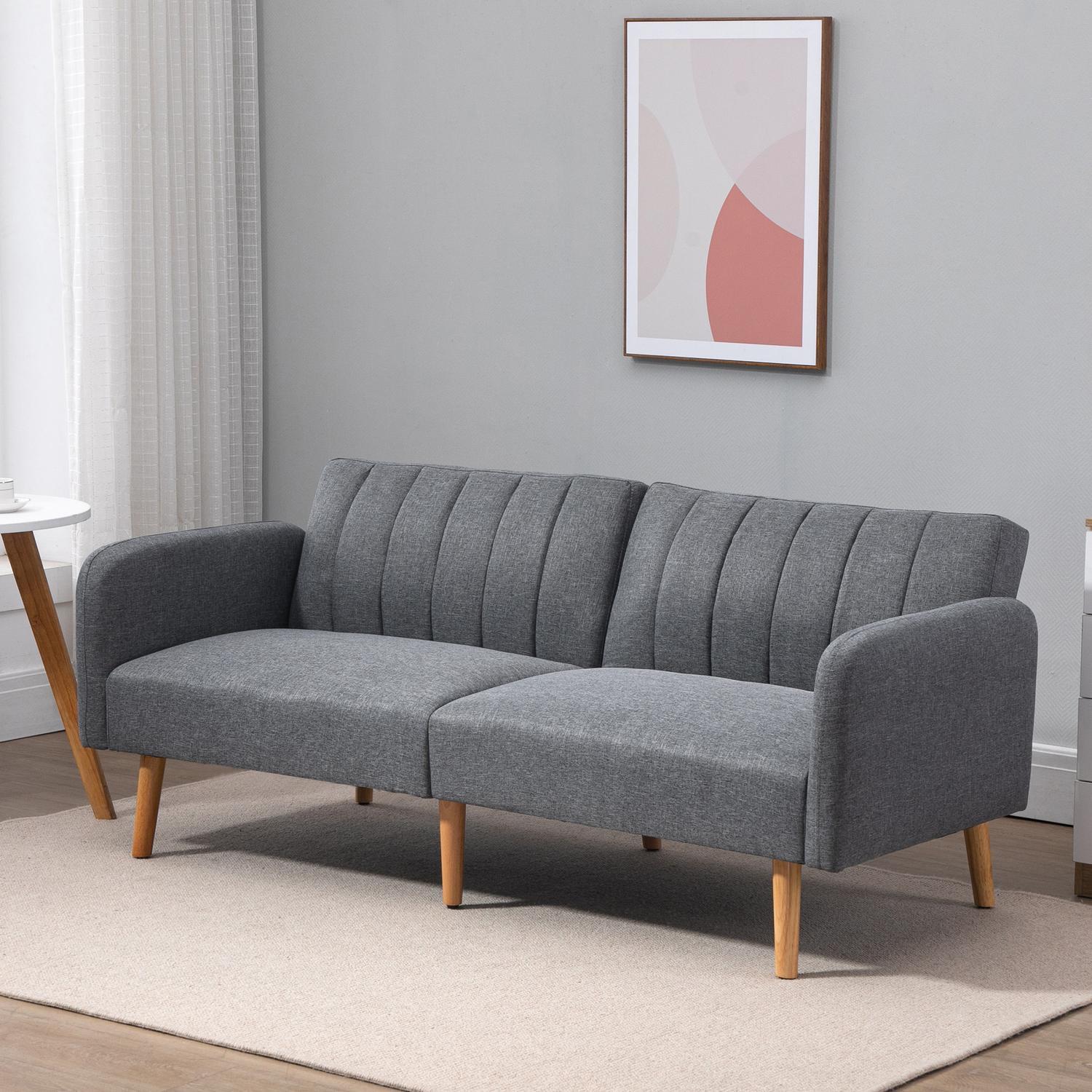 Northio Schlafsofa Klappsofa 2-Sitzer, Bettsofa Mit Schlaffunktion, Leinenartiges Polyester, Gummiholz, Grau, 173X75X73Cm