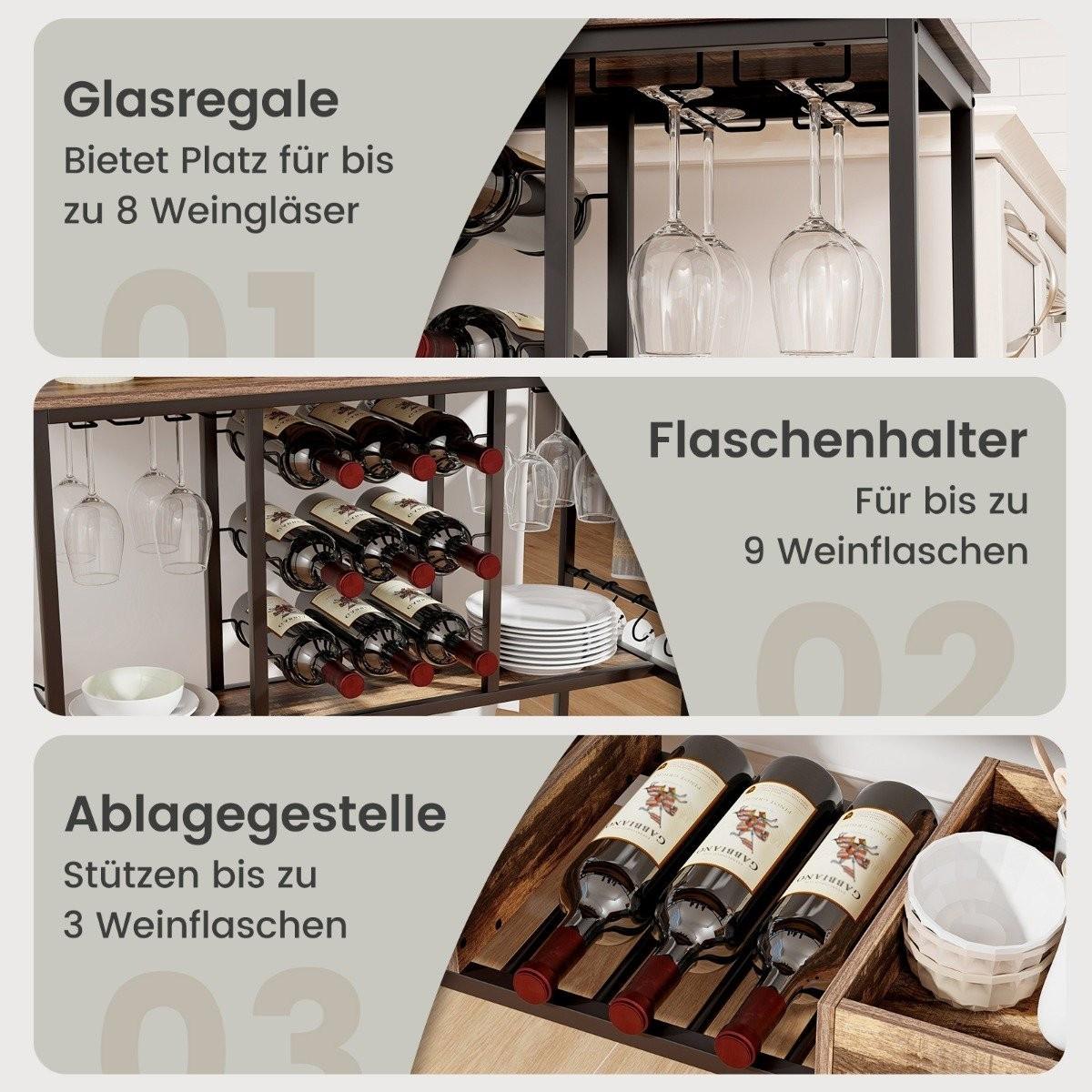 B2X 3-Stöckig Küchenwagen mit Rollen & Glashaltern & Weinregal & Haken Servierwagen Rollwagen Grau