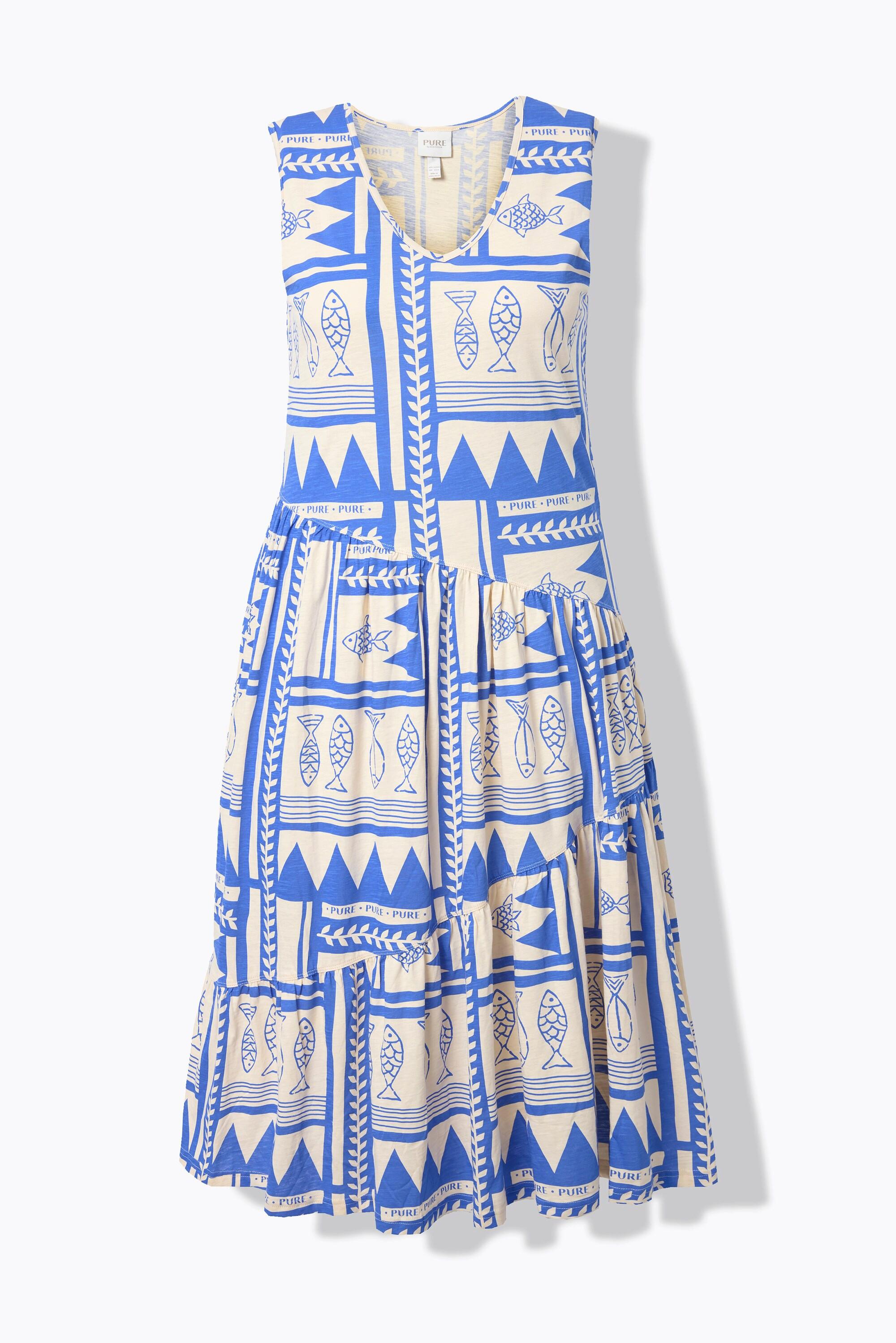 Ulla Popken Midi Jersey Fisch Print Ärmelloses V-Ausschnitt Kleid