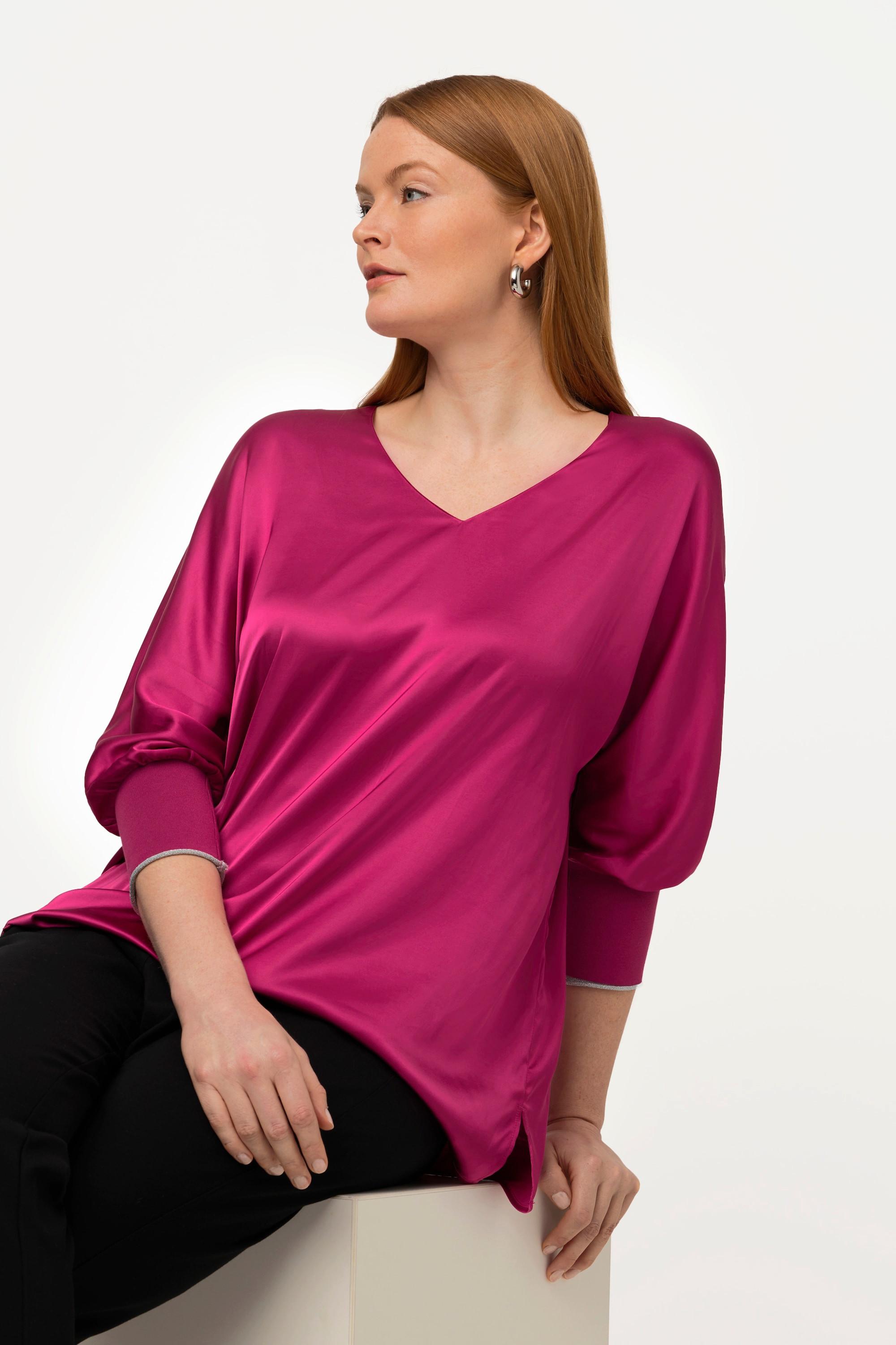 Ulla Popken Satin V-Ausschnitt 3/4 Fledermausärmel Bluse