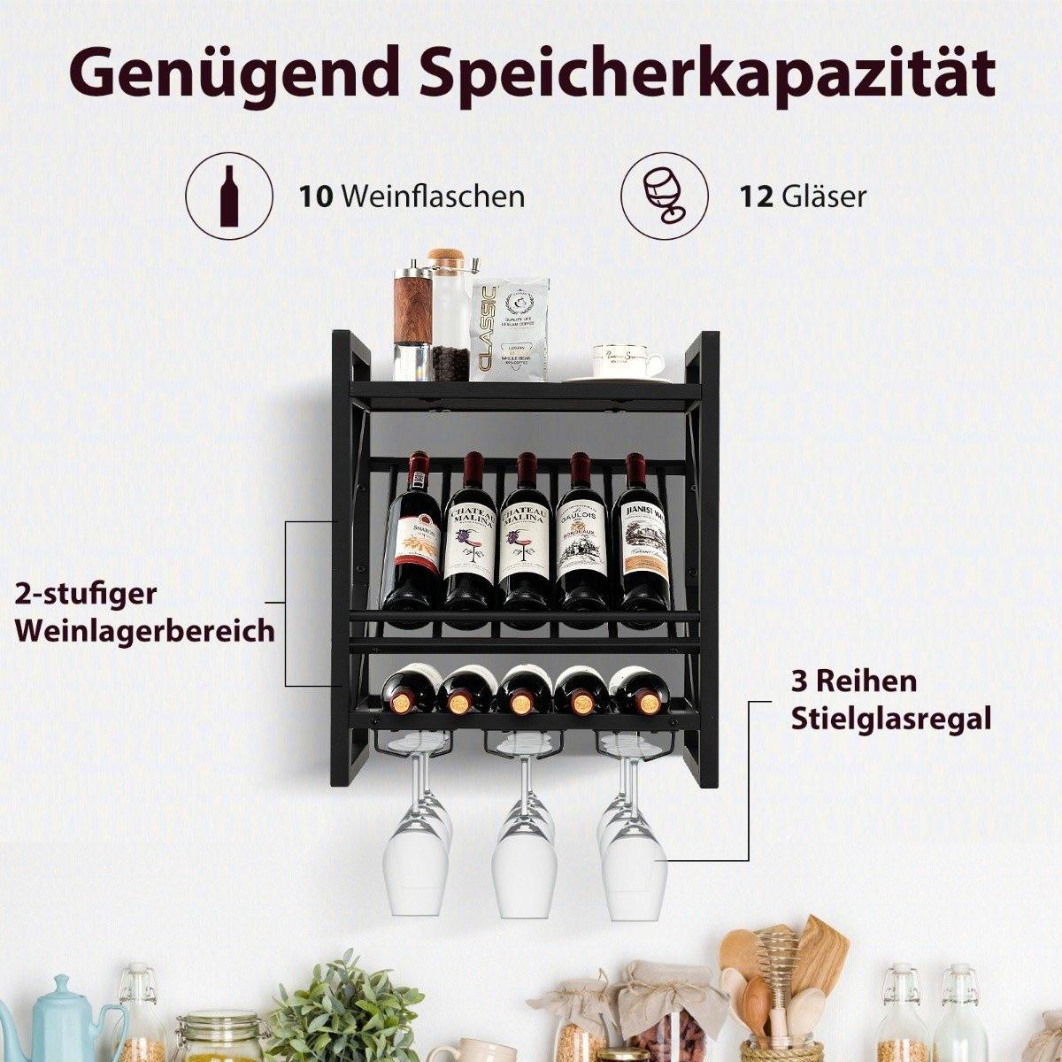 Northio Wandmontierter Weinregal mit 2 Ebenen Weinflaschenregal & 3 Reihen für Weinglashalter platzsparendes Wand Weinregal