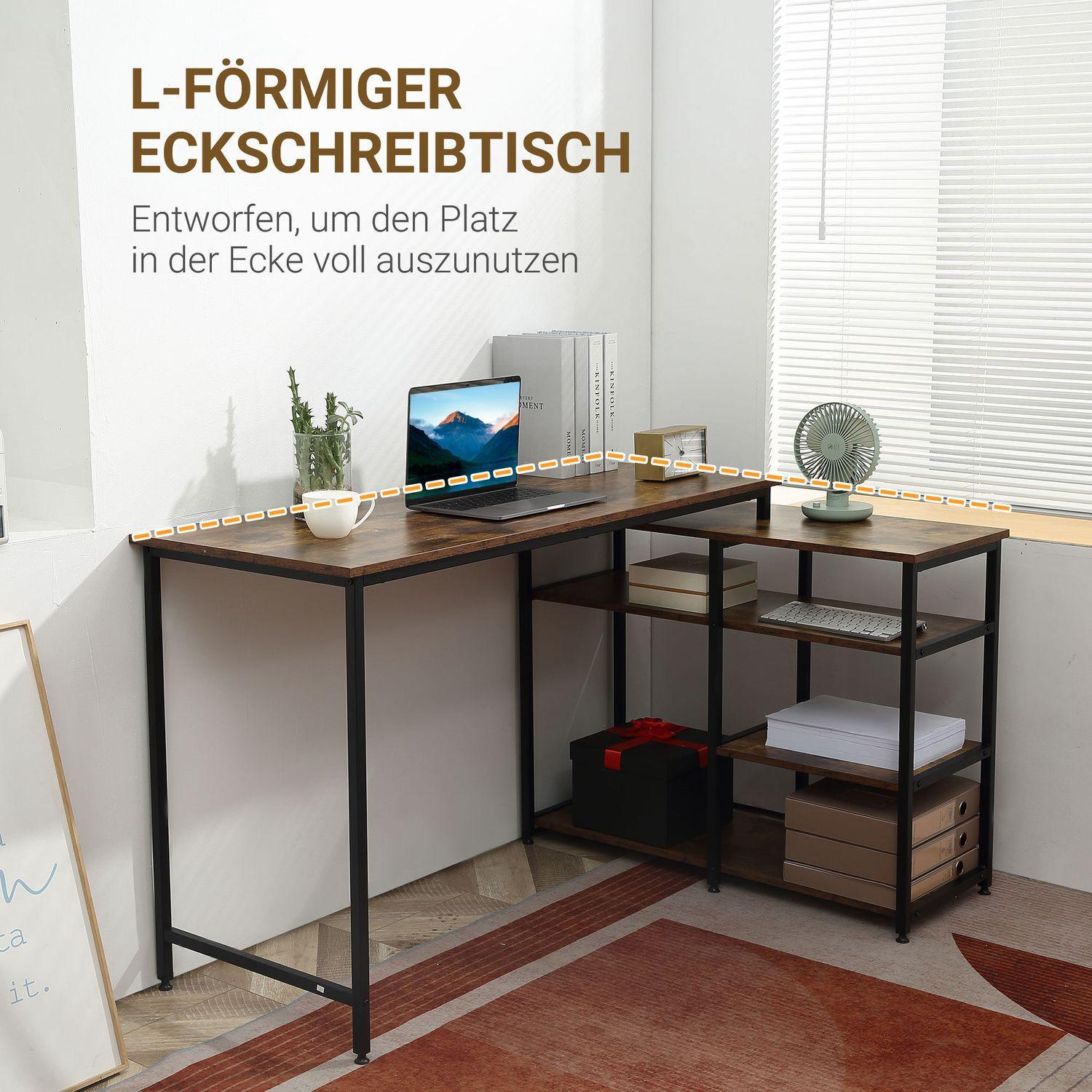 Northio Eckschreibtisch, L-Form Pc-Tisch Mit Regal Und Schublade, Bürotisch, Spanplatte Metall, Rustikales Braun, 135X90X79Cm