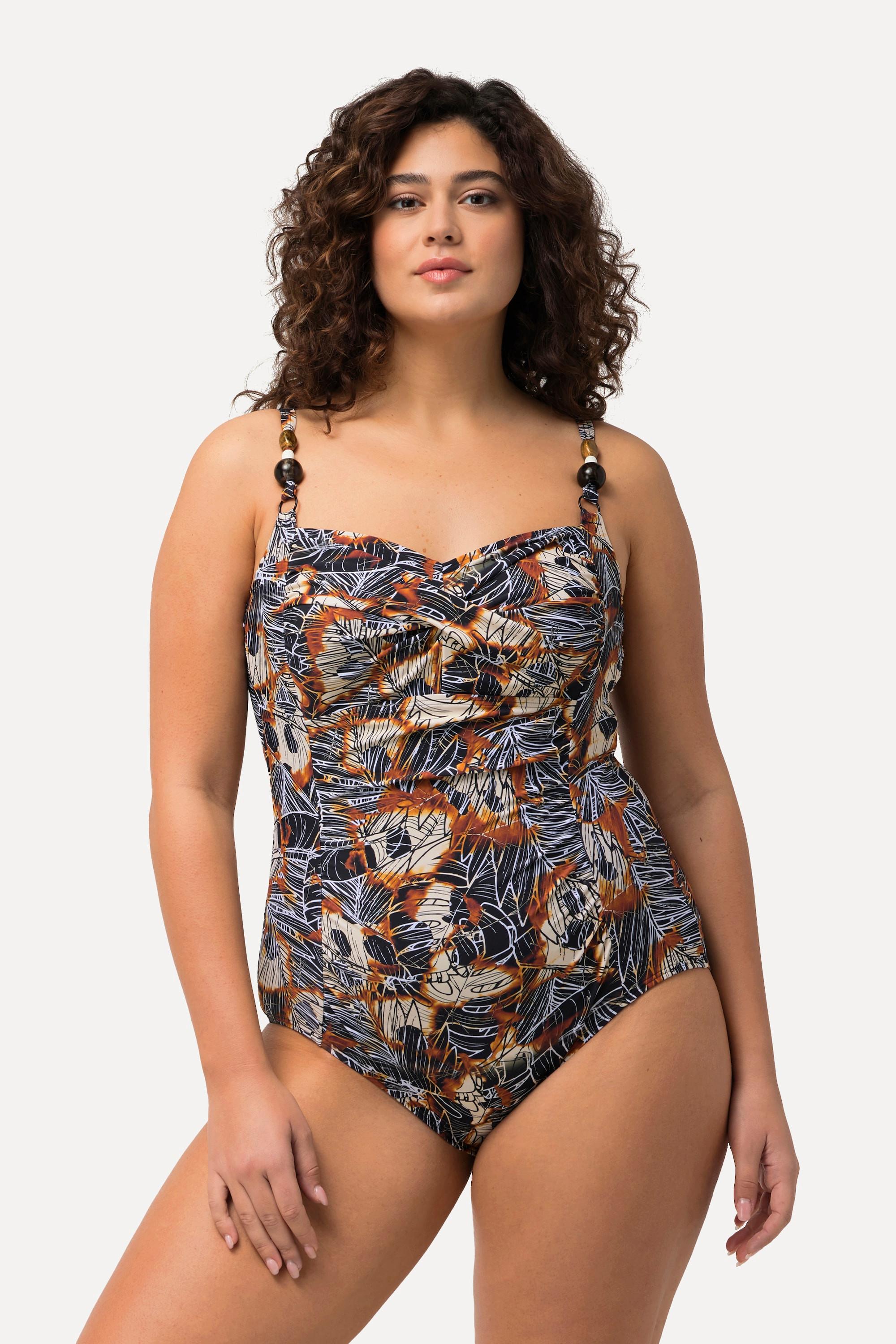 Ulla Popken Badeanzug, drapiert, Softcups, Perlen, recycelt