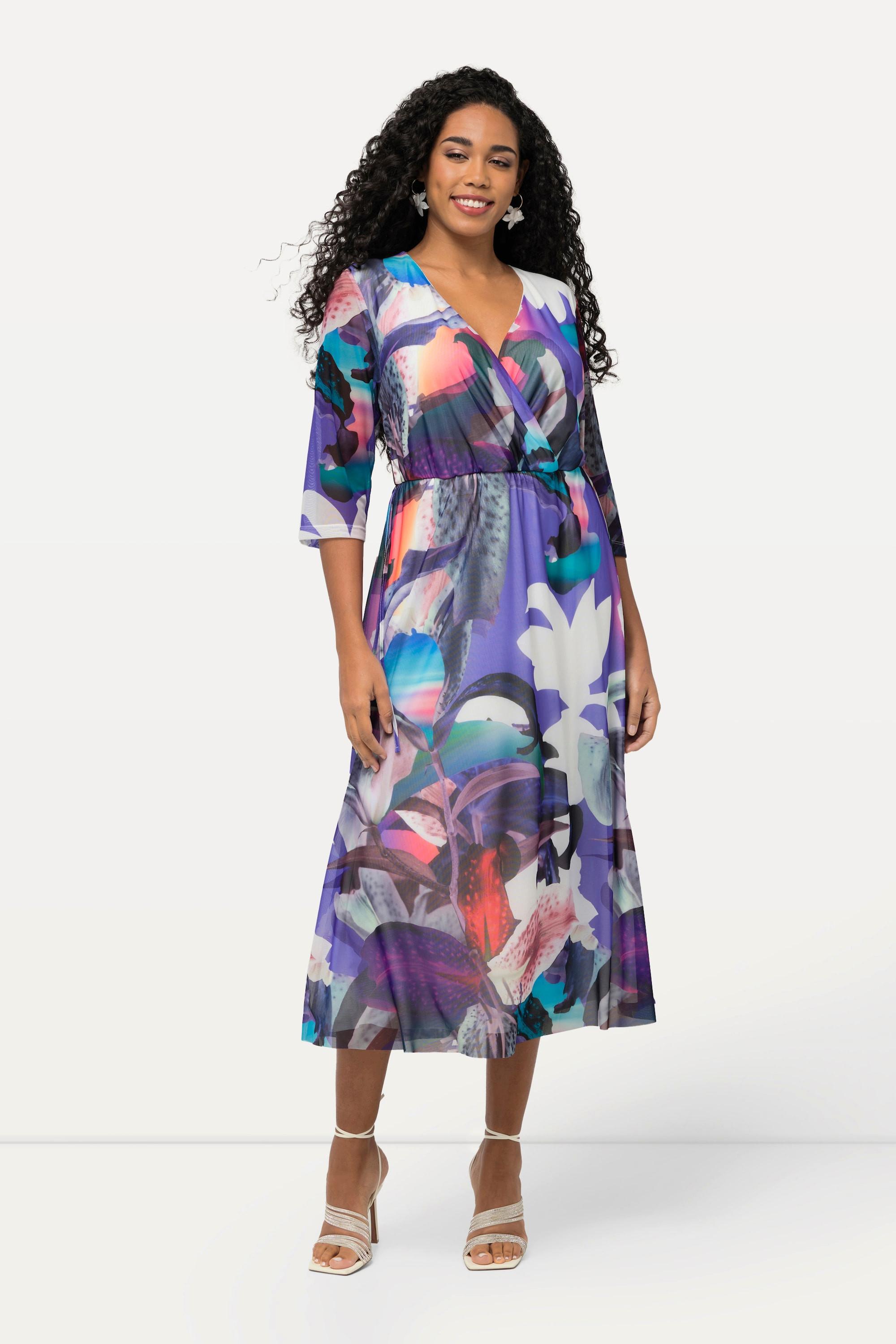 Ulla Popken Meshkleid Blüten Wickeloptik V-Ausschnitt 3/4-Arm