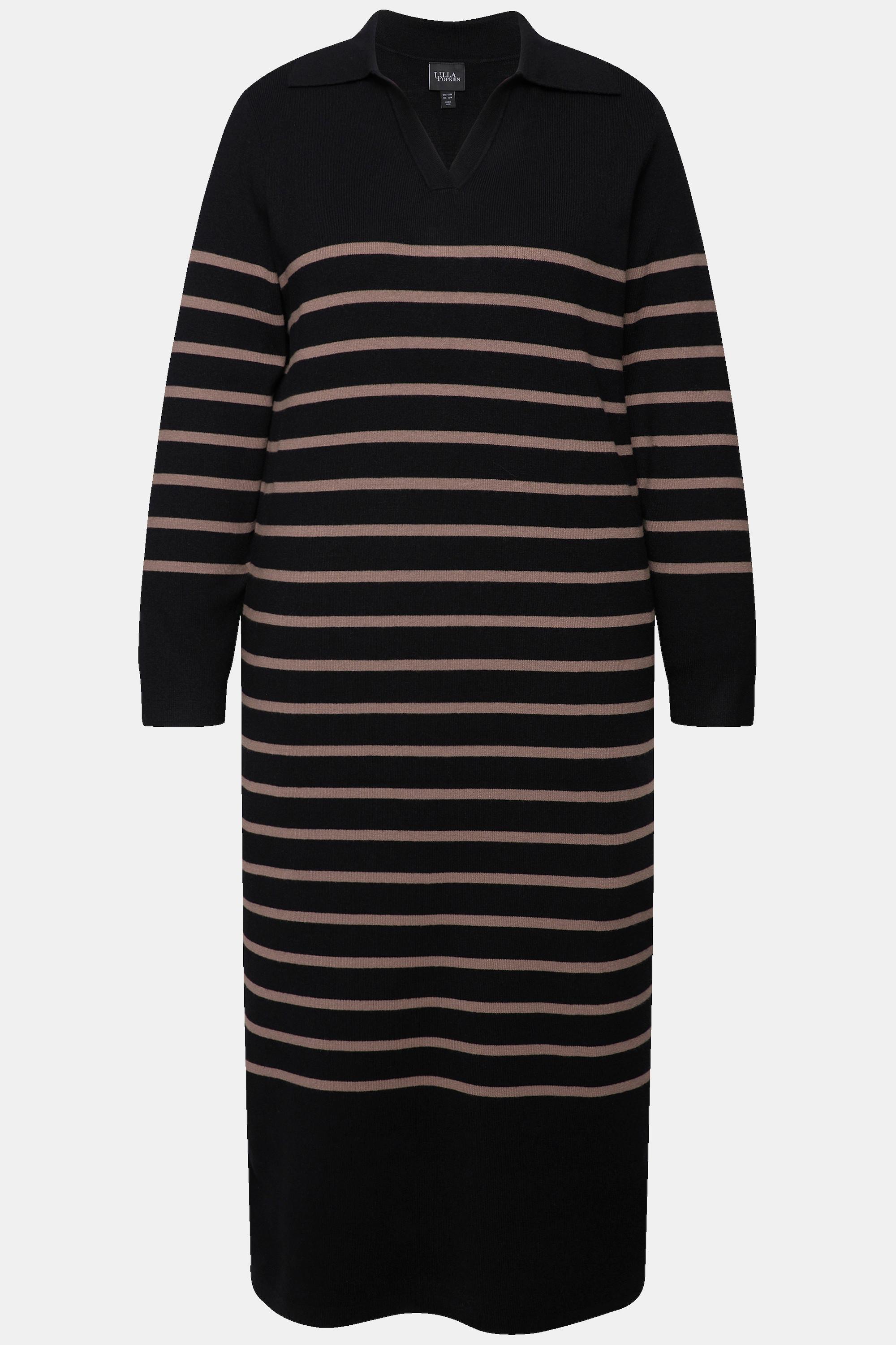 Ulla Popken Gestreiftes Strick Midikleid mit Kragen V-Ausschnitt Langarm