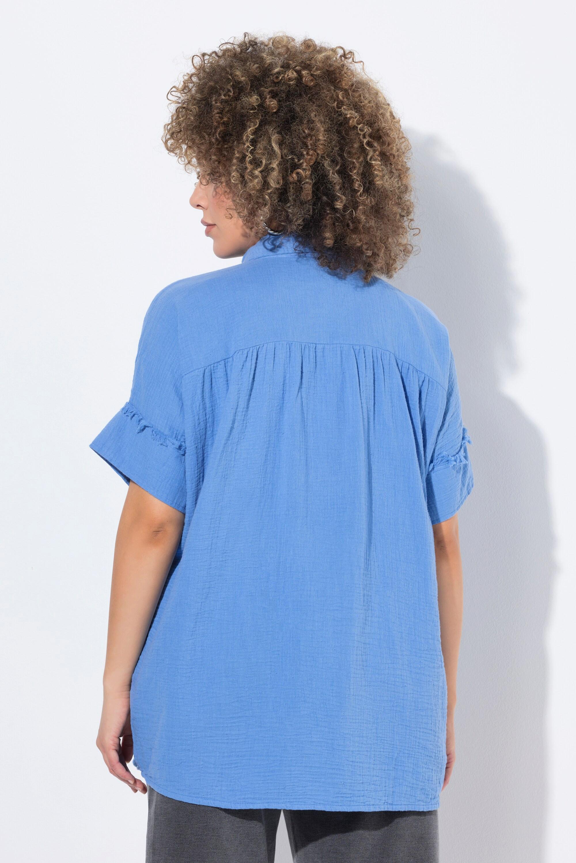 Ulla Popken Musselin-Bluse, Oversized, Fransen, Hemdkragen, Halbarm