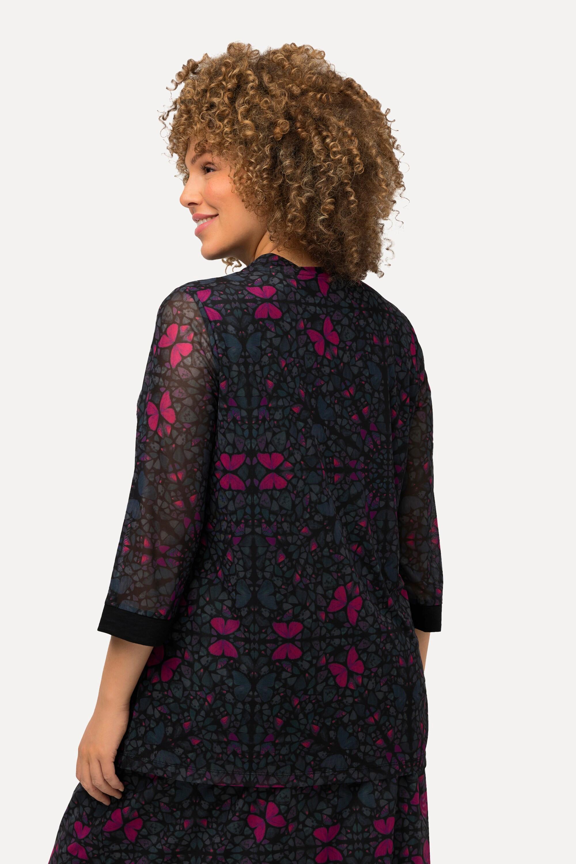 Ulla Popken Mesh A-Linie doppellagiges Stehkragen 3/4-Arm Shirt