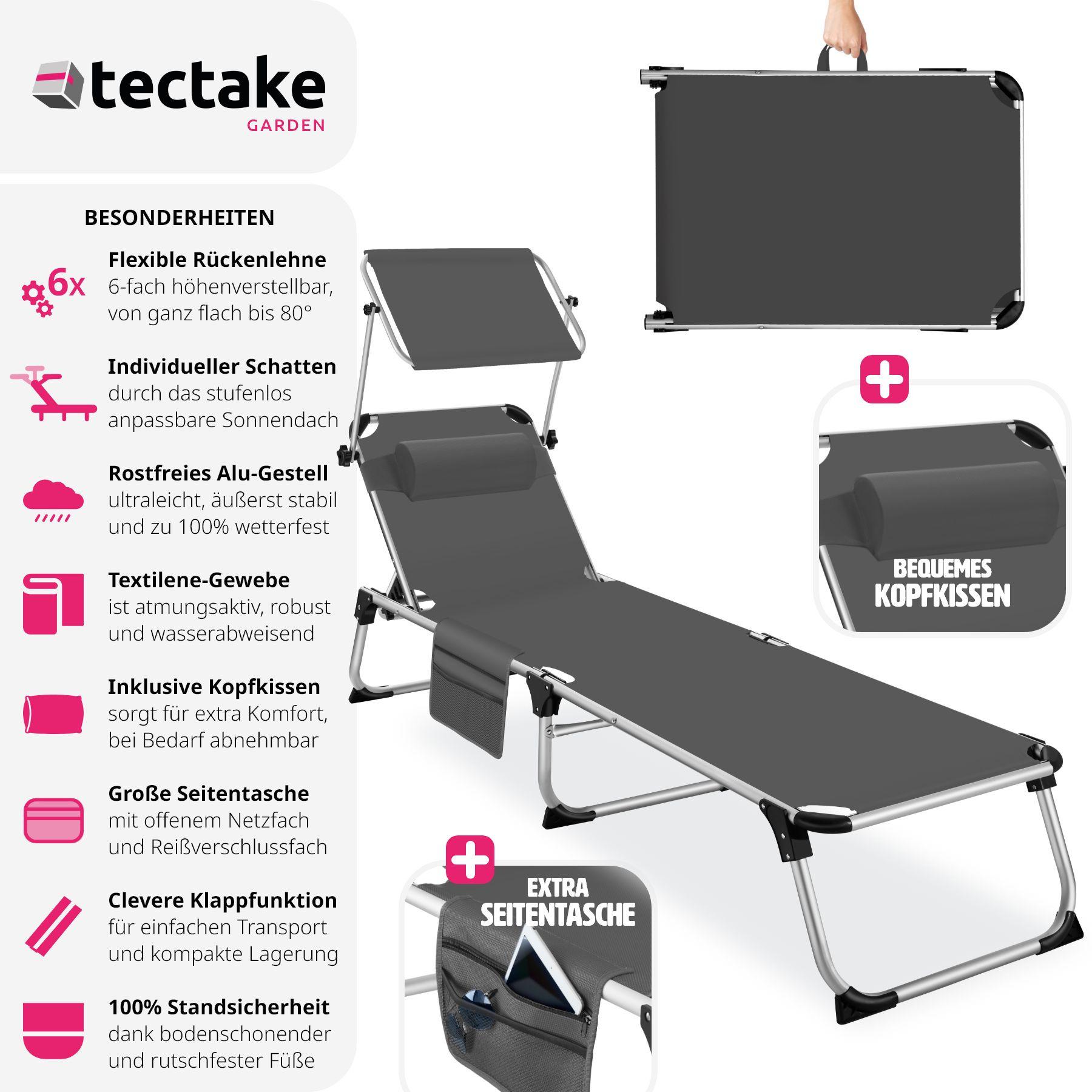 Tectake Sonnenliege mit Aluminiumgestell, stufenlos verstellbares Sonnendach