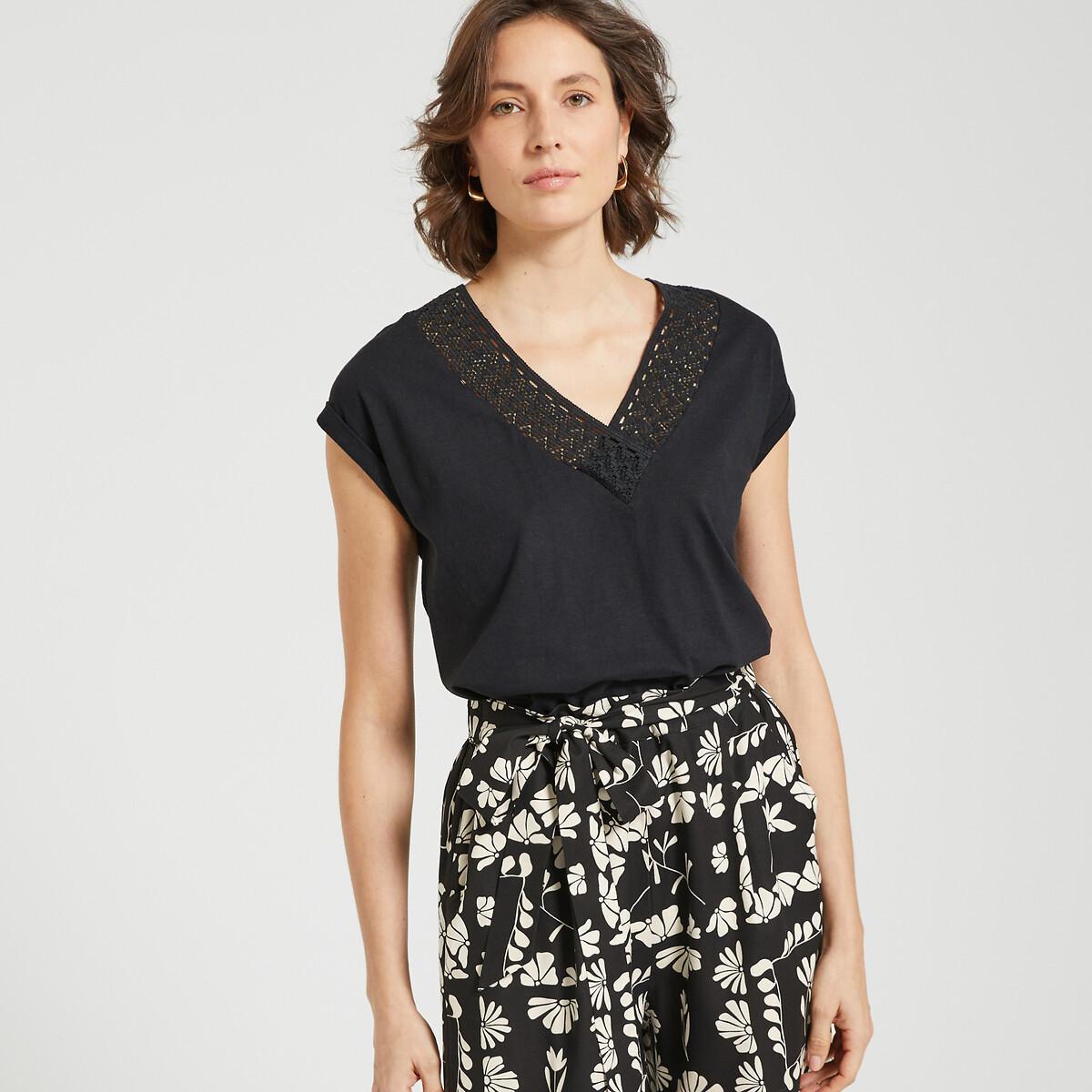 La Redoute Collections T-Shirt mit V-Ausschnitt und Makrameespitze