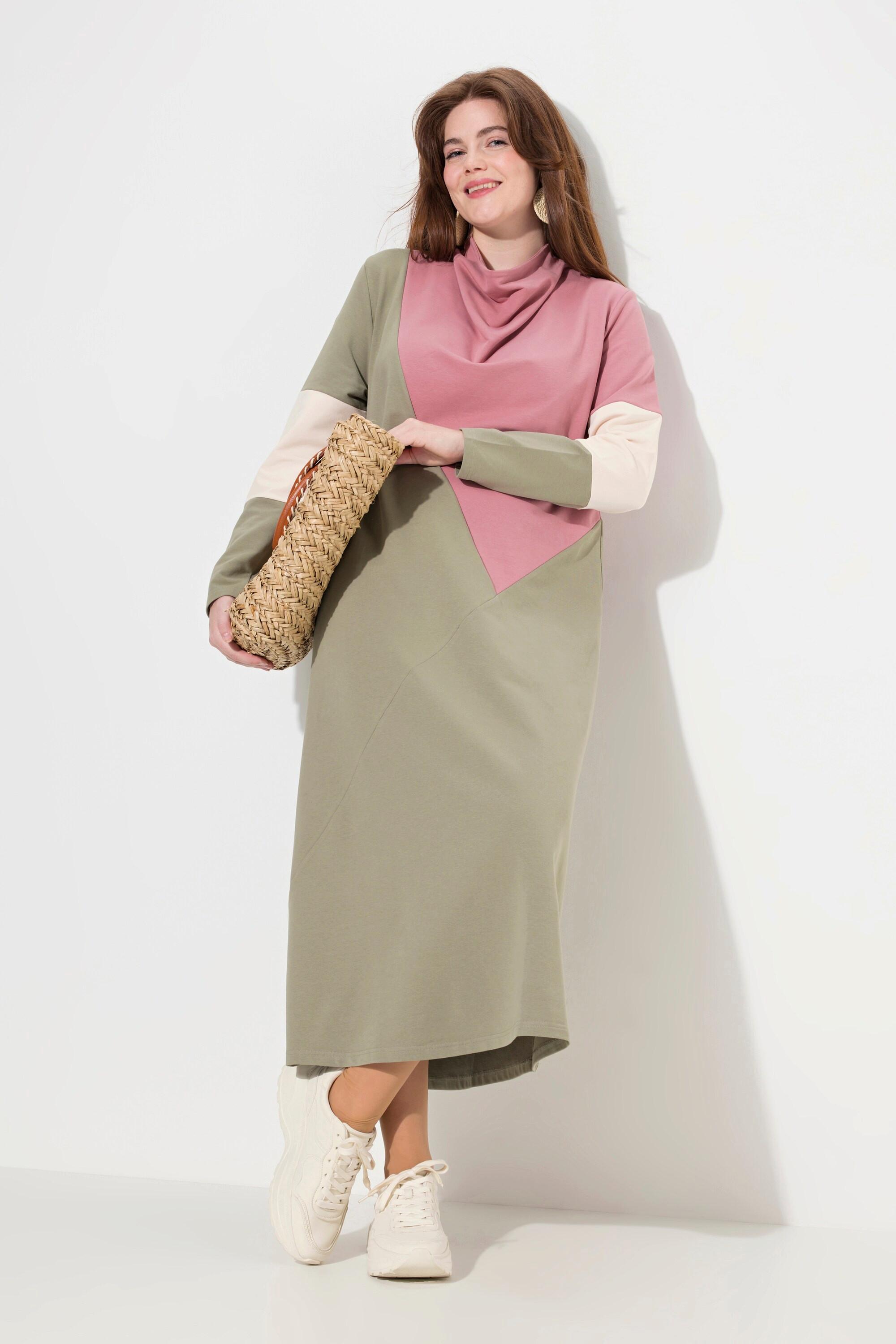 Ulla Popken Sweatkleid Wasserfall-Ausschnitt Langarm Biobaumwolle