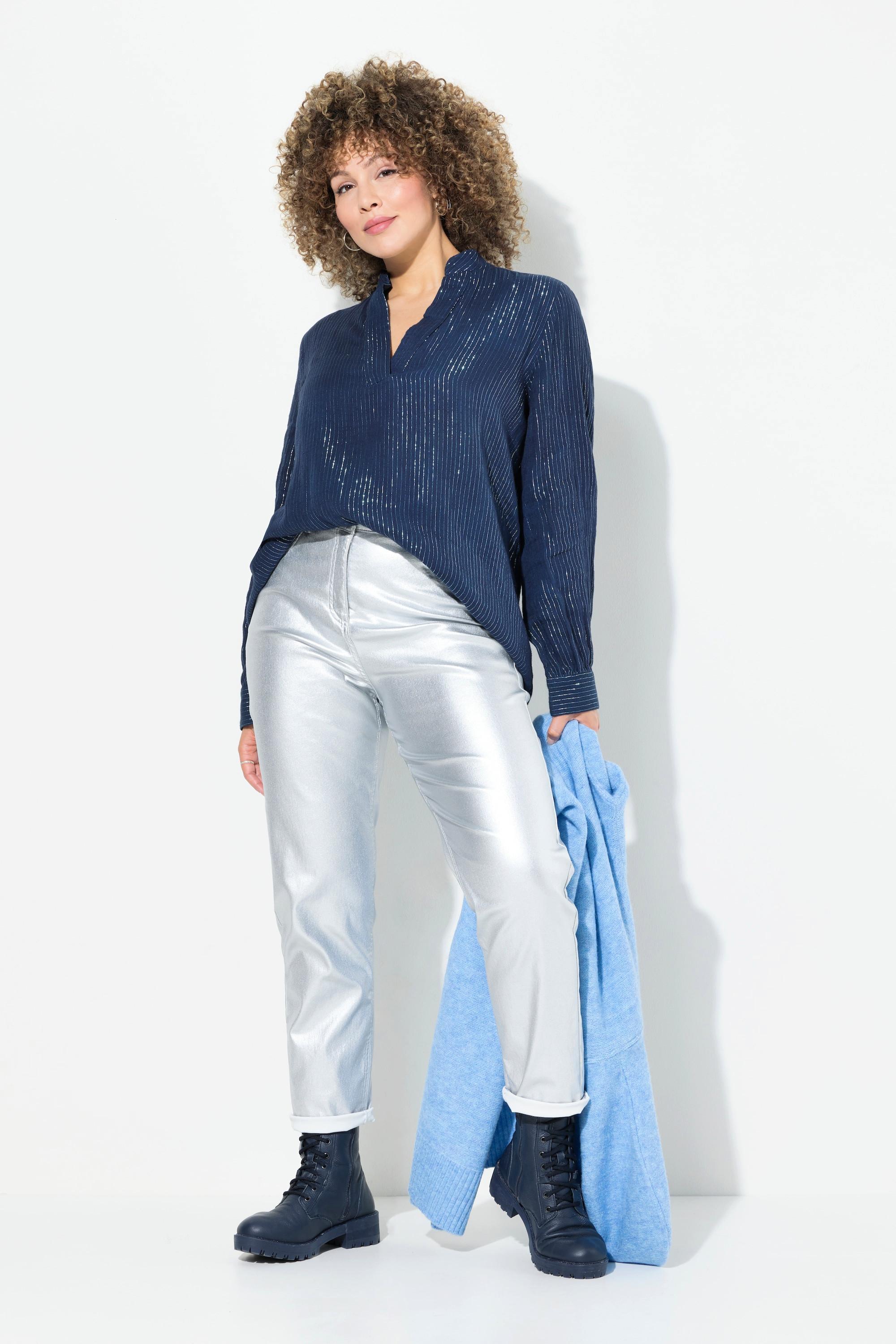 Ulla Popken Mom Jeans Silber-Coating Komfortbund 5-Pocket-Hose