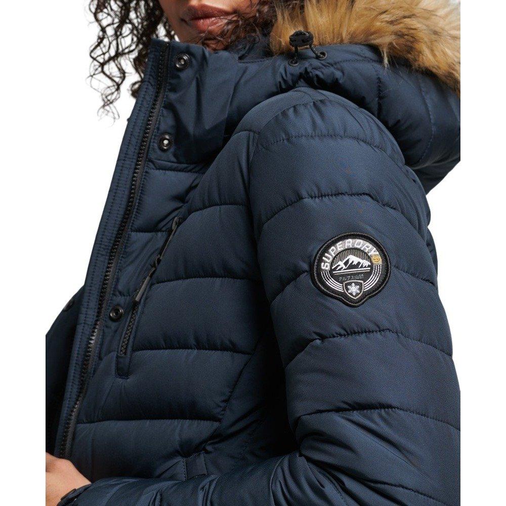 Superdry leichte lange daunenjacke mit kapuze aus kunstpelz, damen