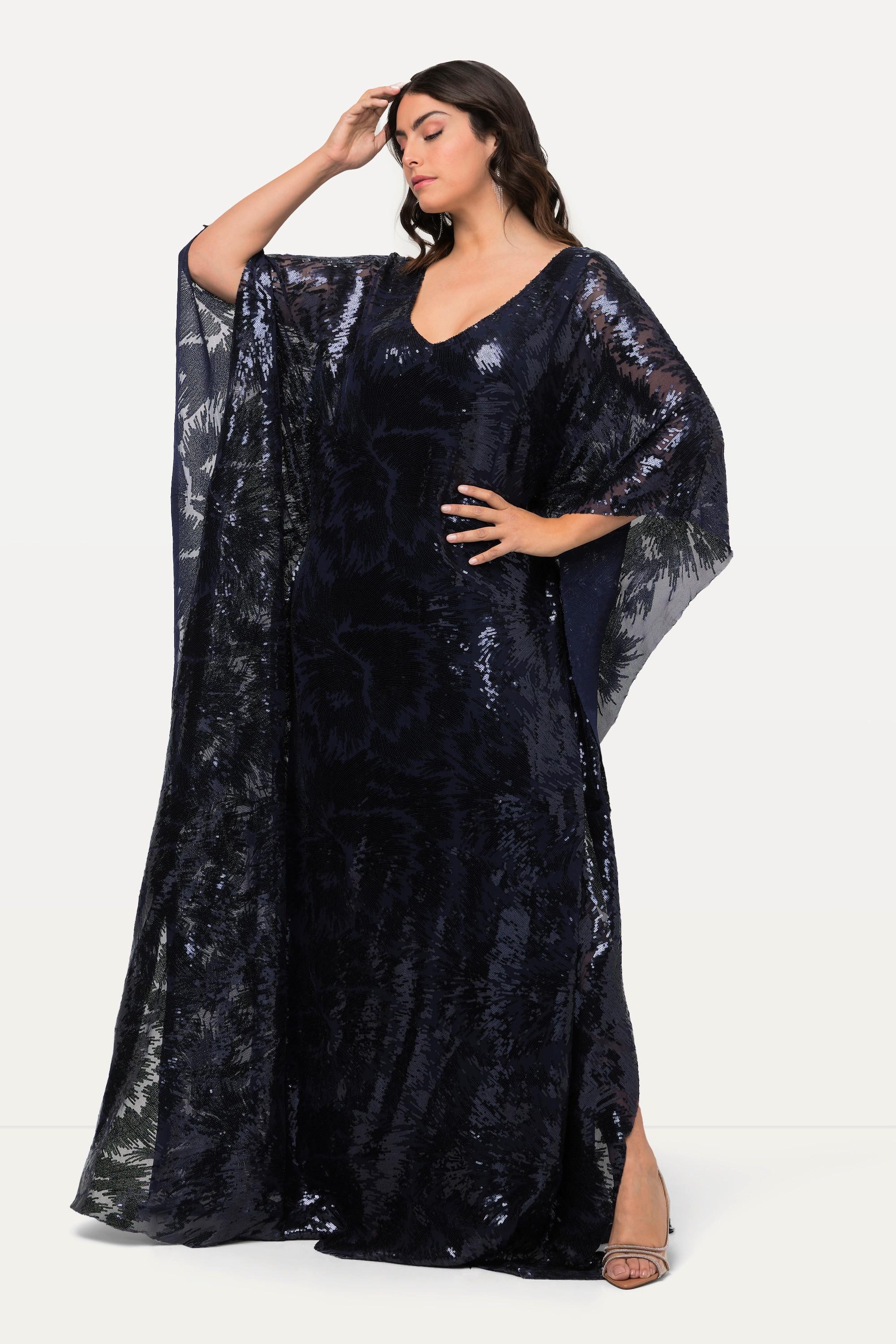 Ulla Popken Doppellagiges Pailletten Cape-Kleid V-Ausschnitt 3/4-Arm
