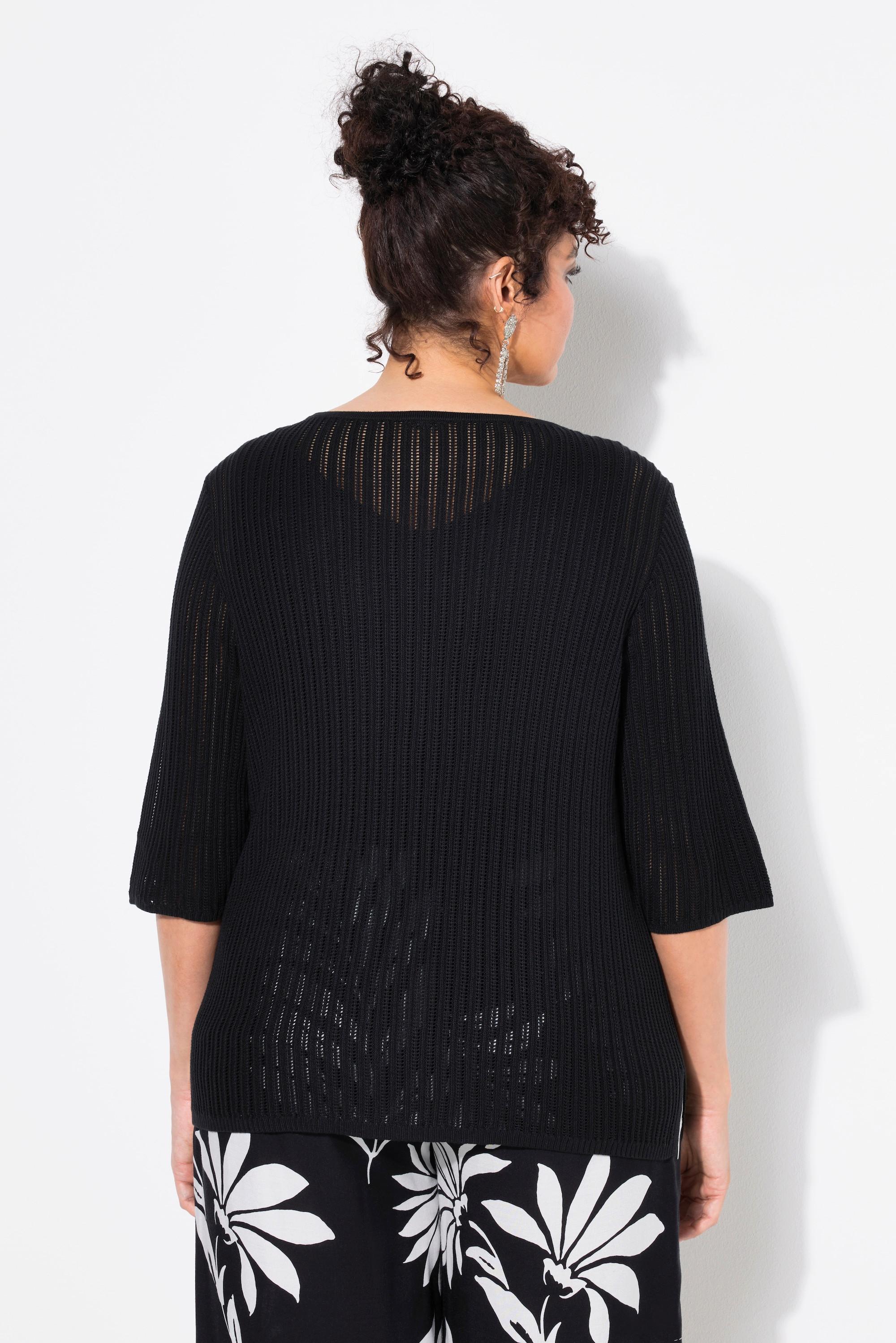 Ulla Popken Pullover, Ajourmuster, U-Boot-Ausschnitt, Halbarm