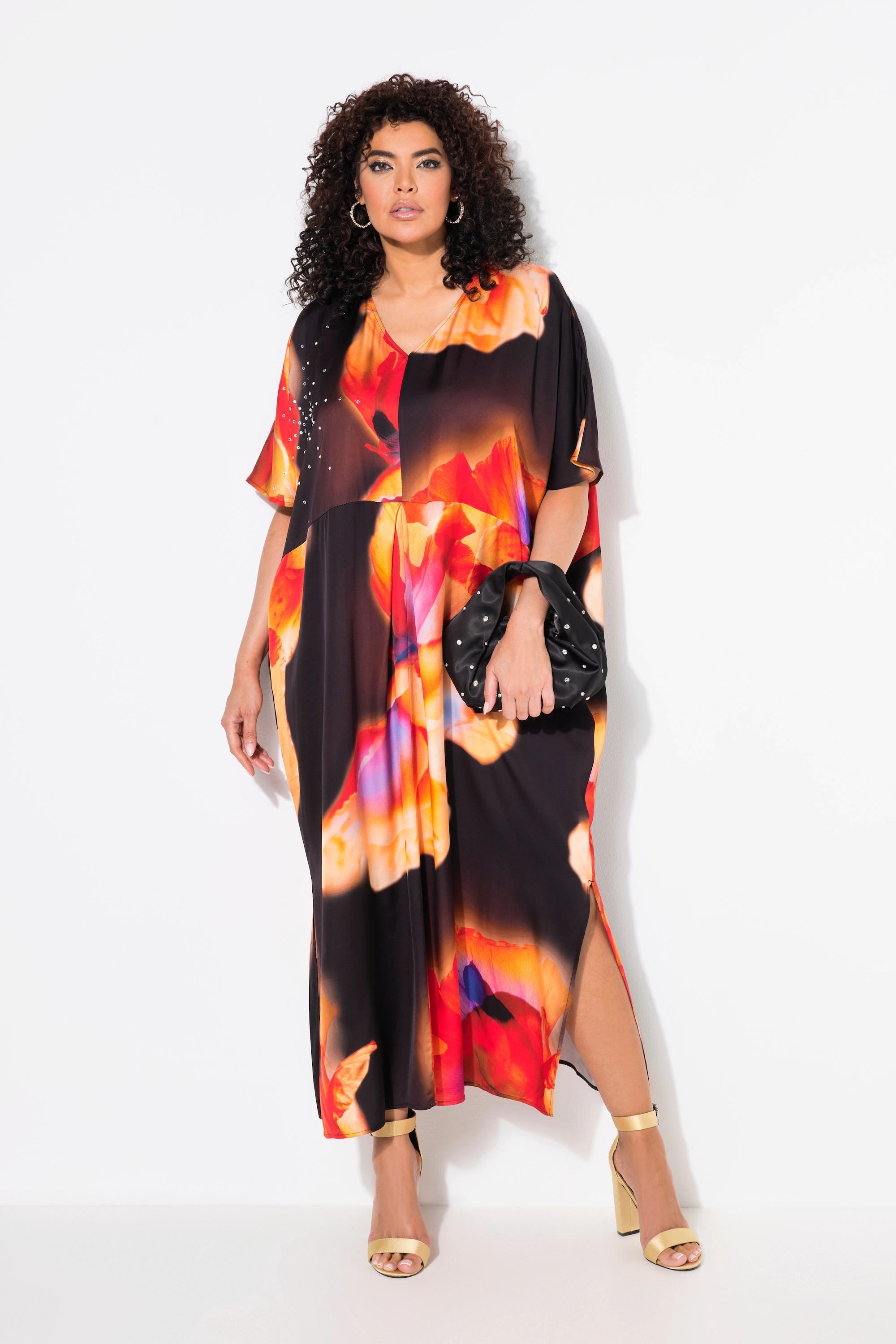 Ulla Popken Satin Blüten Ziersteine V-Ausschnitt Halbarm Kaftan