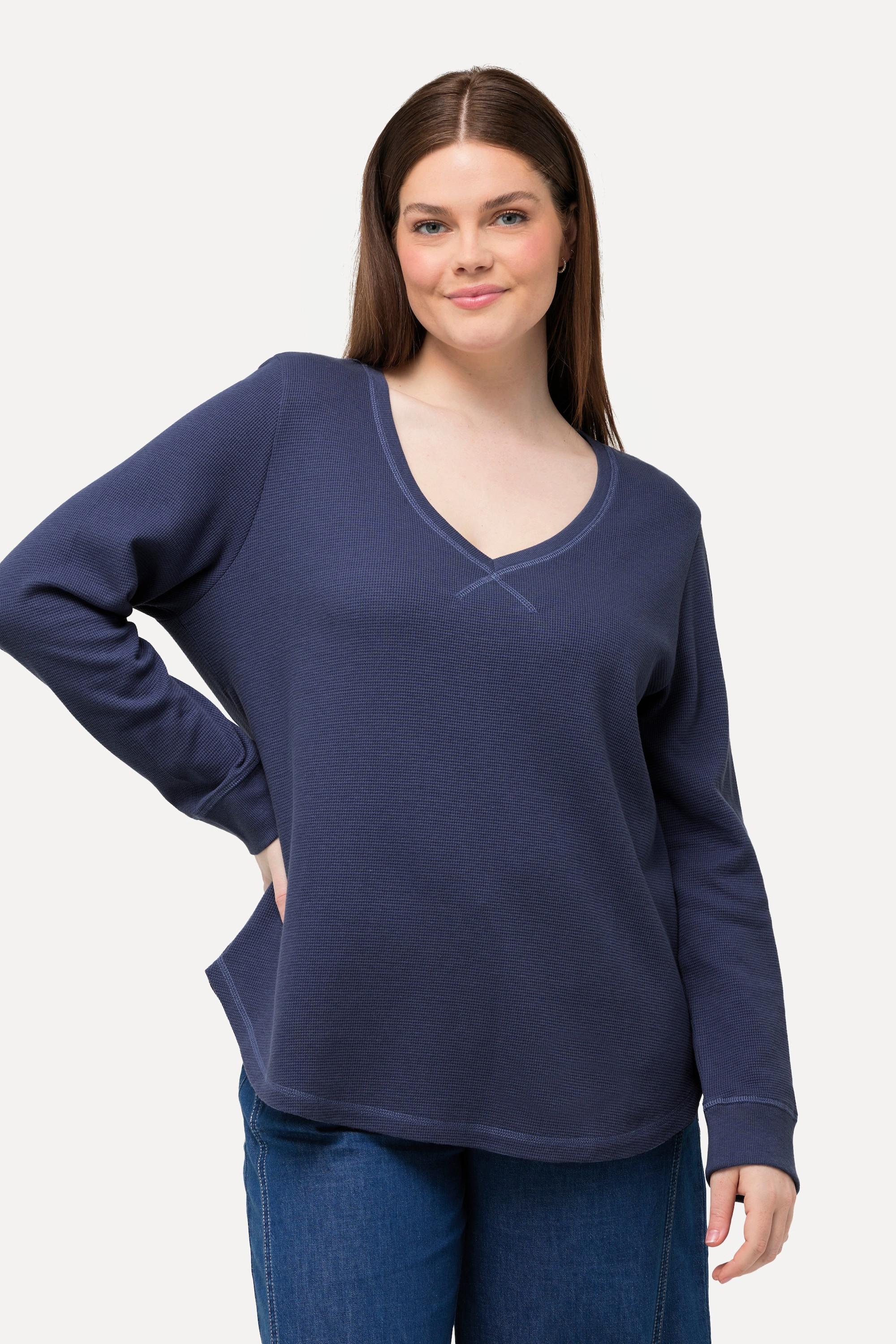 Ulla Popken Sweatshirt, Waffelstruktur, V-Ausschnitt, Biobaumwolle