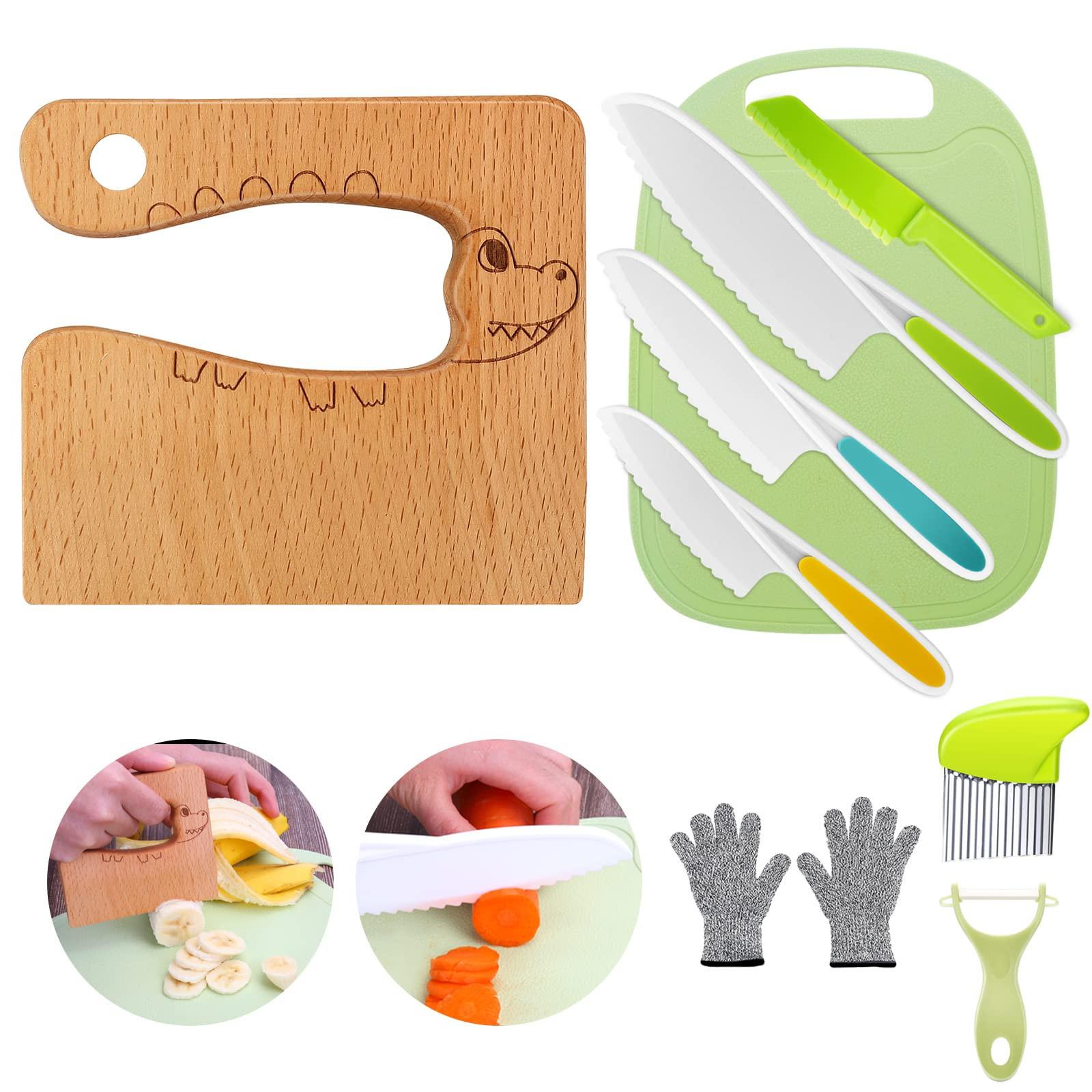 Activity-board Kindermesser 9-teiliges Kinder-Küchenmesser-Set zum Schneiden und Kochen von Obst oder Gemüse für kleine Kinder, Sicherheits-Holzmesser-Schneidebrett-Schälmesser