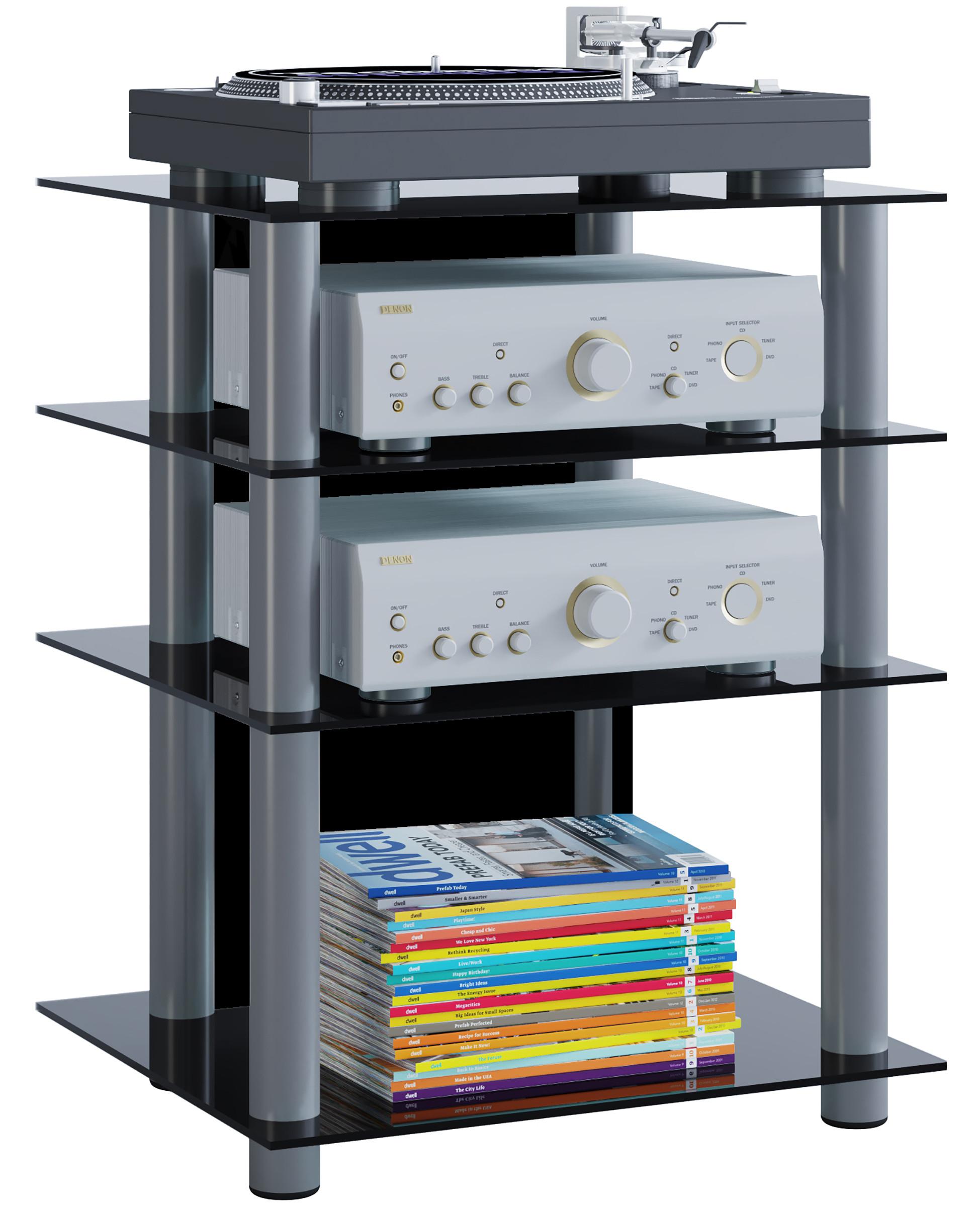 VCM Hifi Möbel | Rack Schrank Phono Regal | Alusäulen | ESG-Glasböden | Maße: H. 70 x B. 59 x T. 48 cm | Phono Mediaregal - Bilus